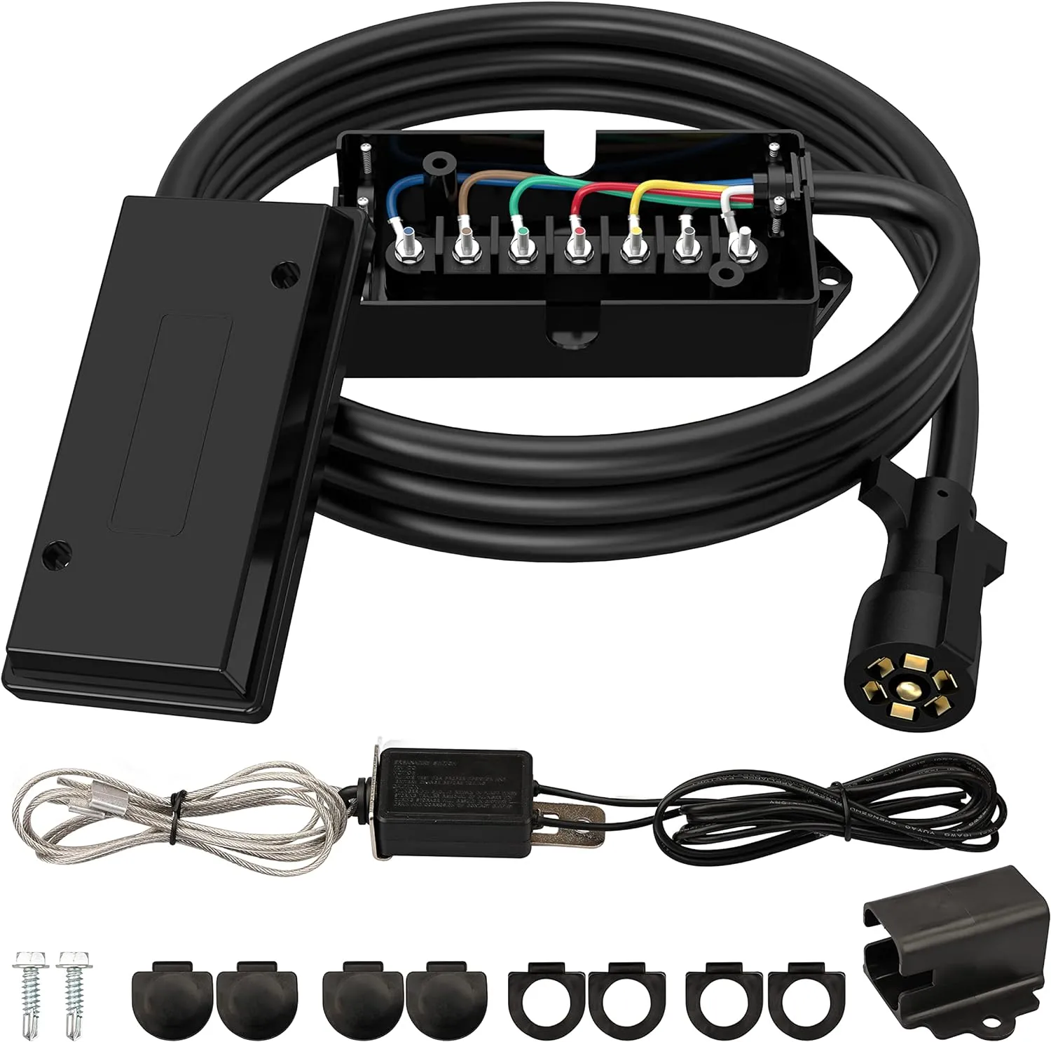 RVGUARD 7 Way 8 Foot Trailer Cord with 7 Gang Junction Box Kit, Include 12V Breakaway Switch and Plug Holder, Trailer Connector Cable Wiring Harness with Waterproof Junction Box