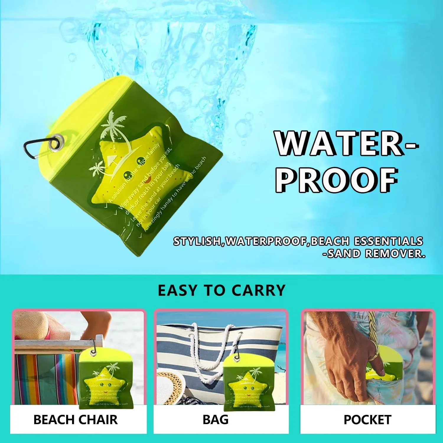Sand Remover Pouch for Beach & Travel – 2 Pack Talc-Free, Hypoallergenic & Waterless Bags – Reusable Eco-Friendly Beach Essentials for Sensitive Skin, Family Vacations (2, Yellow Starfish)