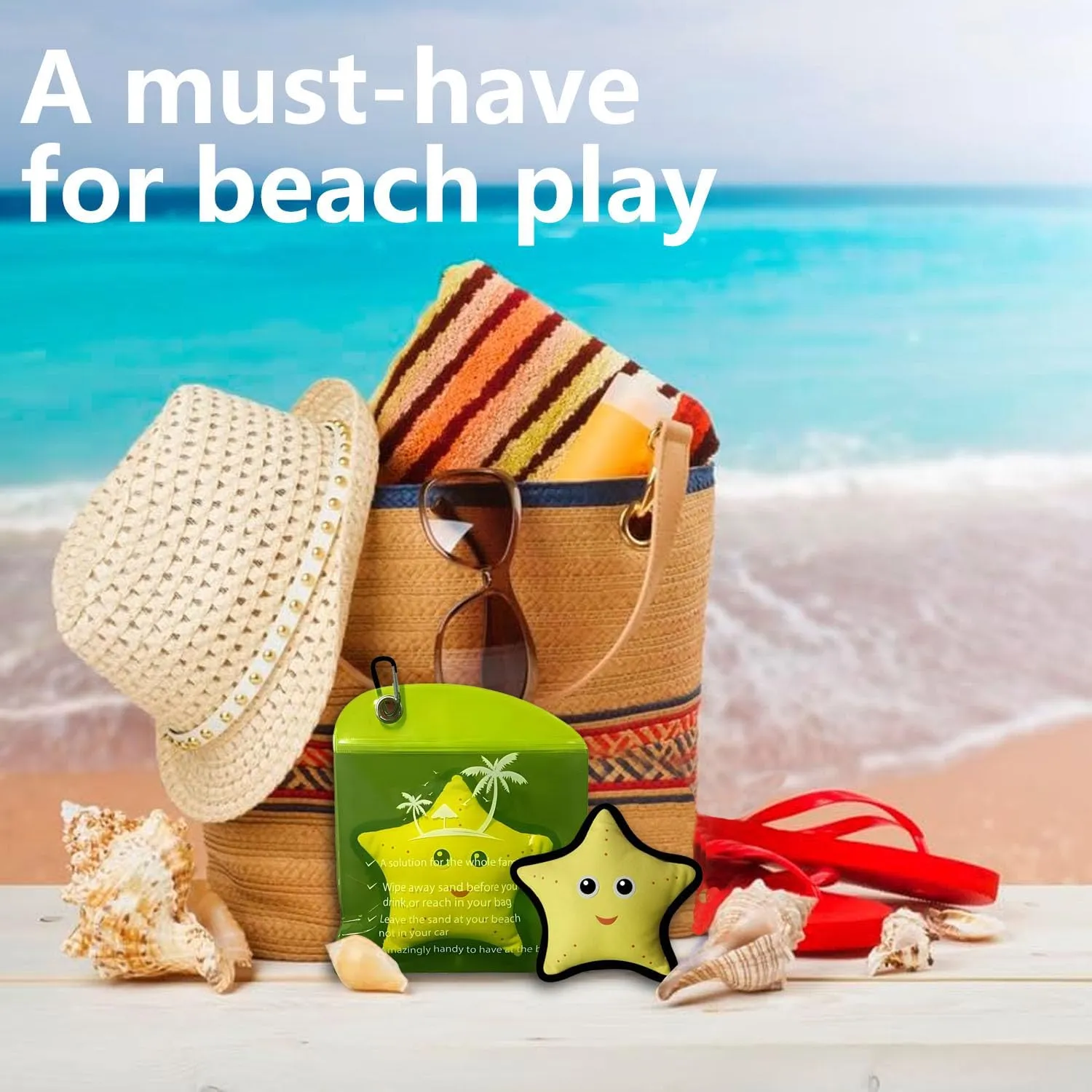 Sand Remover Pouch for Beach & Travel – 2 Pack Talc-Free, Hypoallergenic & Waterless Bags – Reusable Eco-Friendly Beach Essentials for Sensitive Skin, Family Vacations (2, Yellow Starfish)