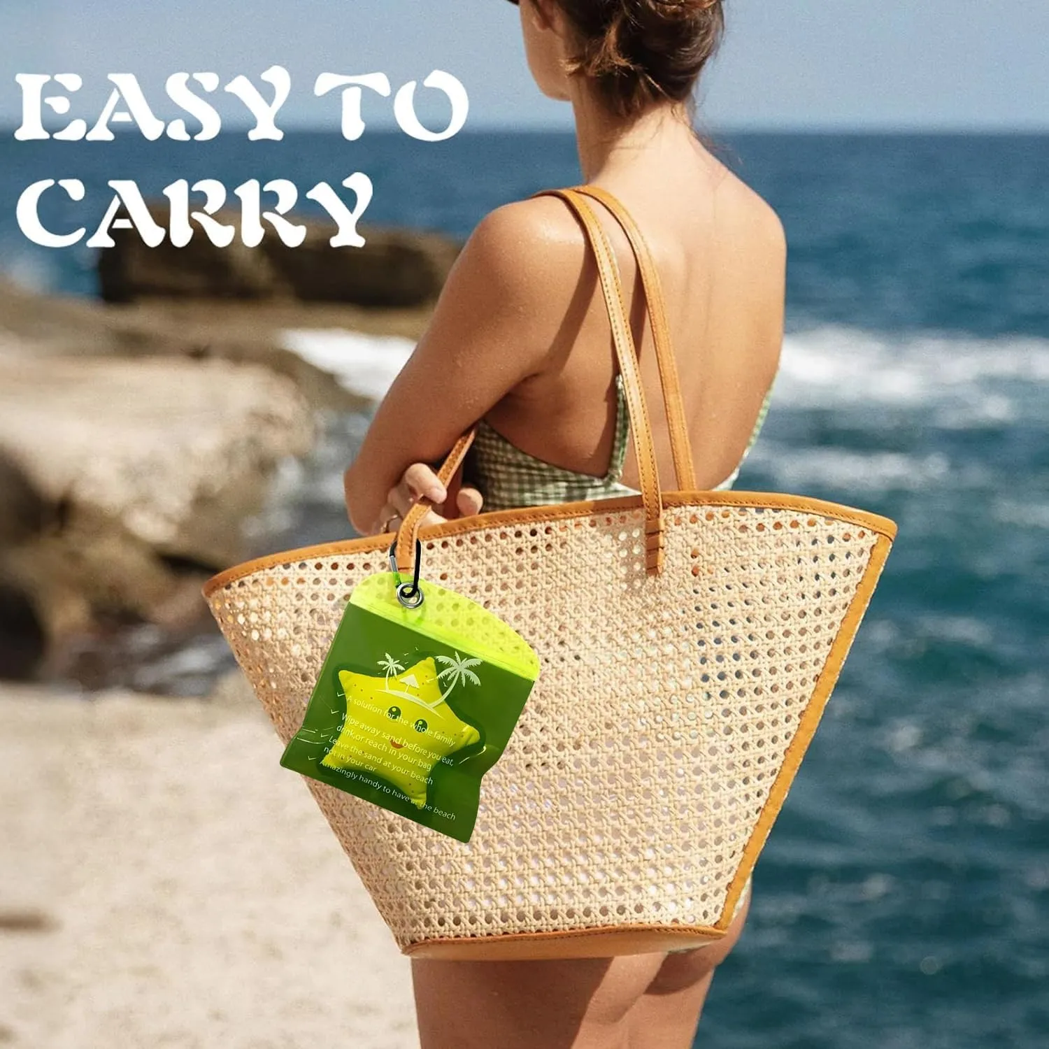 Sand Remover Pouch for Beach & Travel – 2 Pack Talc-Free, Hypoallergenic & Waterless Bags – Reusable Eco-Friendly Beach Essentials for Sensitive Skin, Family Vacations (2, Yellow Starfish)