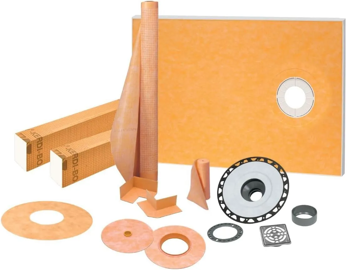 Schluter Kerdi Shower Kit with Shower Tray, Curb, Waterproofing Membrane, Strips & Seals - ABS Plastic, 38" x 60" Tray Size, Off-Center Outlet Position - KSK9651525SABSE