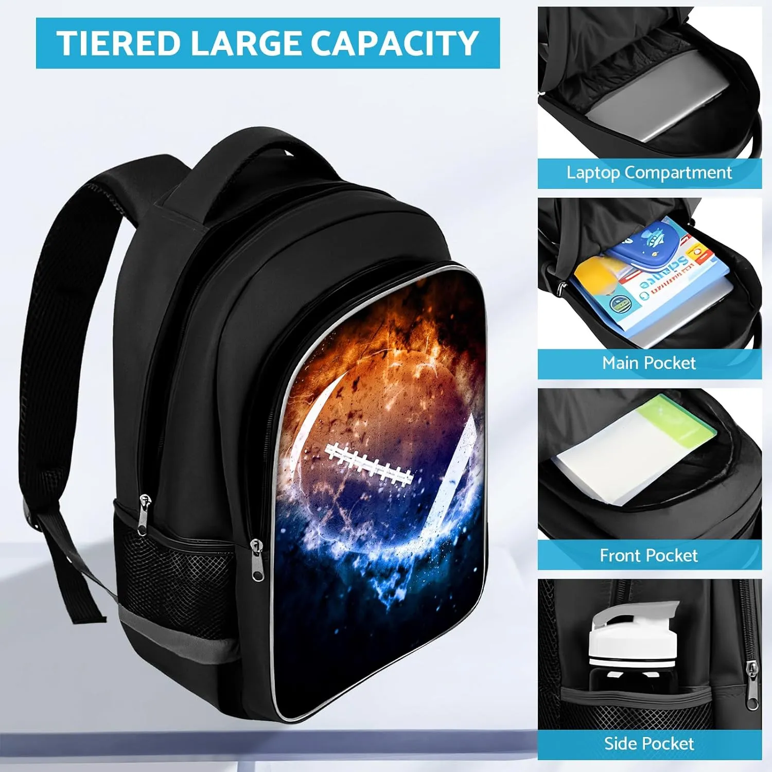 School Backpack for Boys - American Football Boys Backpack for Kids Children Teens Elementary Middle School - Students Bag for Ages 6-18,17″Bookbag Multifunctional Large Capacity