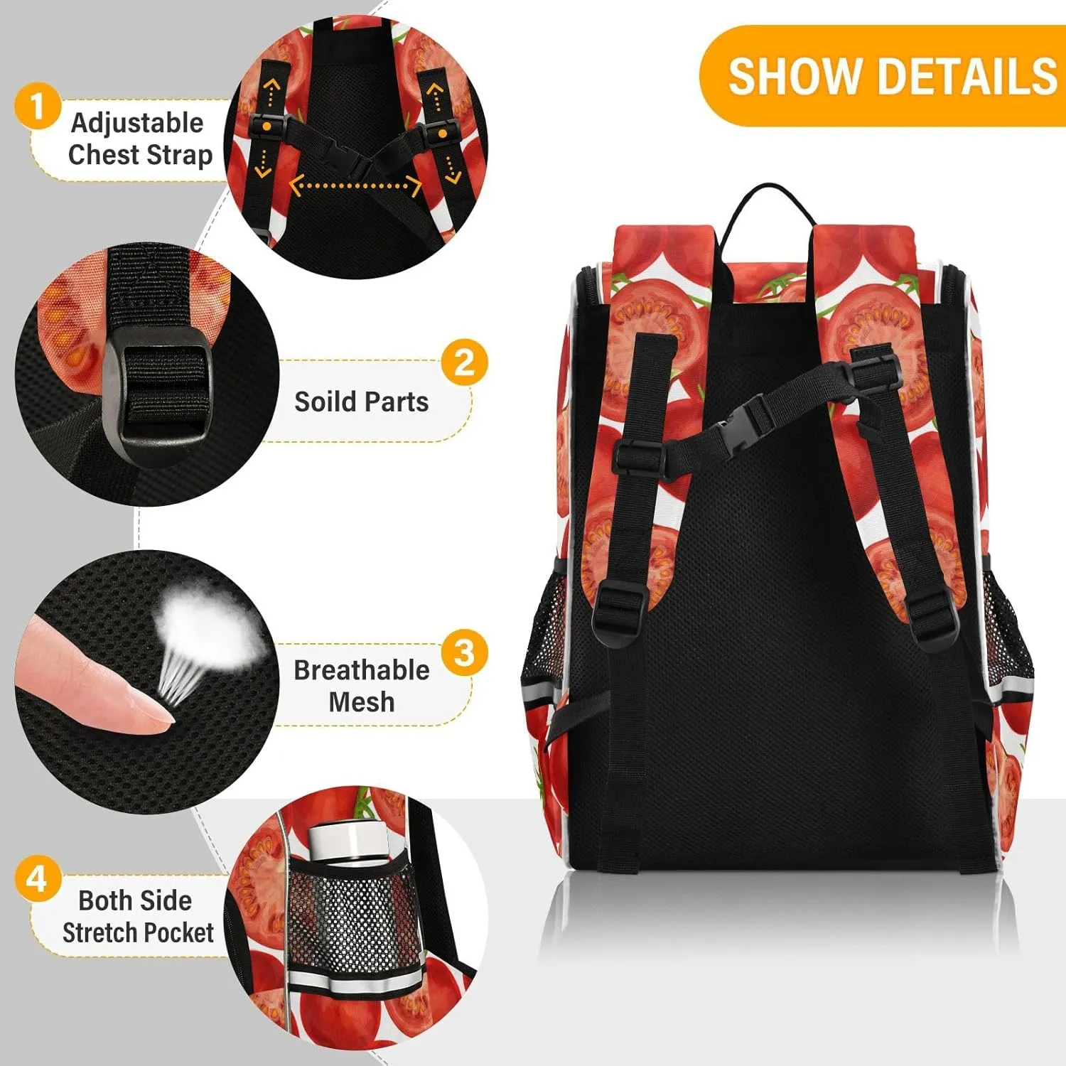 School Backpack Red Tomato Travel Hiking Large Capacity Causal Daypack Bookbag Bag Laptop Schoolbag with Reflective Tape for Boys Girls Adults