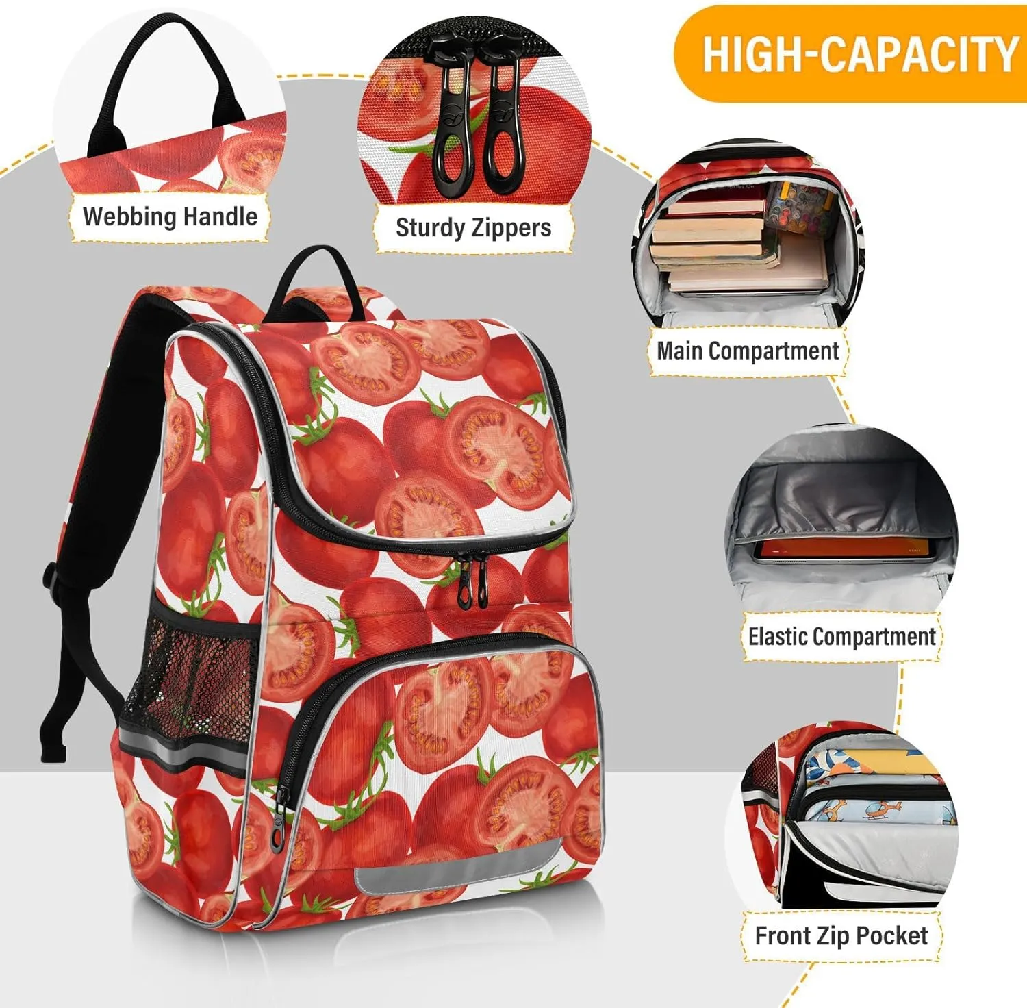 School Backpack Red Tomato Travel Hiking Large Capacity Causal Daypack Bookbag Bag Laptop Schoolbag with Reflective Tape for Boys Girls Adults
