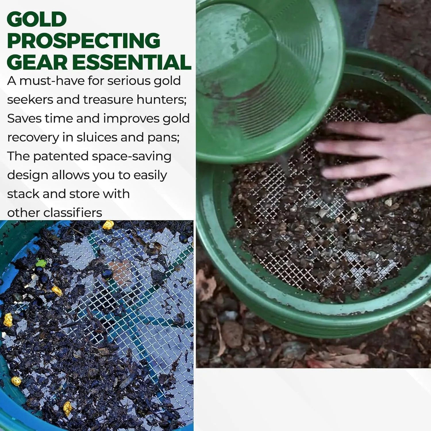 SE 13.25 Inch Wide Stackable Classifier Gold Prospecting Pan - 1/4 Inch Stainless Steel Mesh Sifting Pan, Green