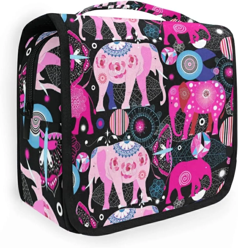Seamless Bright Pink Elephants Tribal Ethnic Theme on Black Hanging Wash Gargle Toiletry Bag Travel Cosmetic Makeup Case Organizer Storage Large Portable