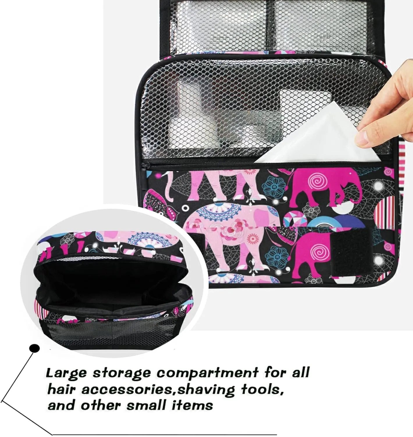 Seamless Bright Pink Elephants Tribal Ethnic Theme on Black Hanging Wash Gargle Toiletry Bag Travel Cosmetic Makeup Case Organizer Storage Large Portable