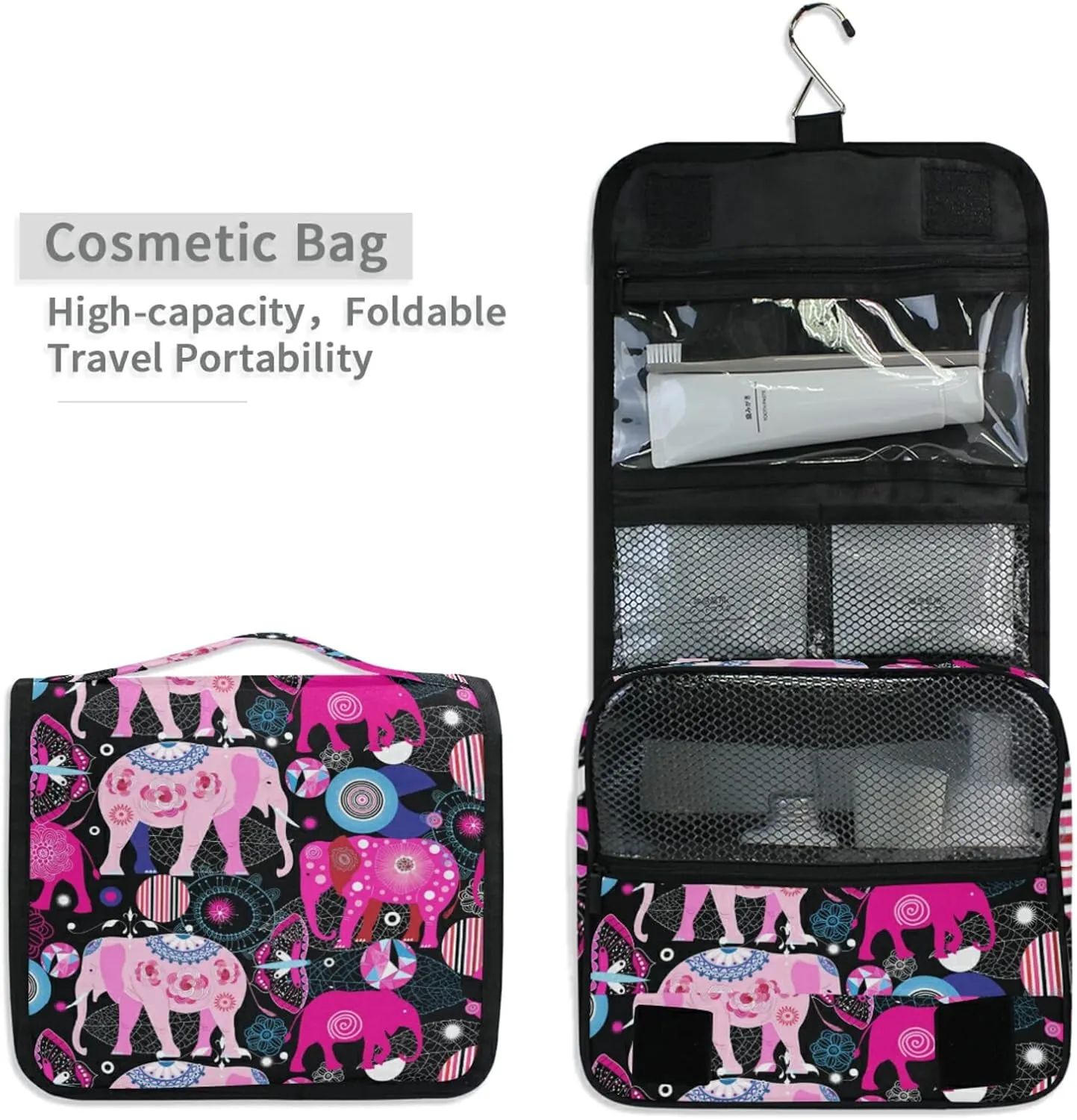 Seamless Bright Pink Elephants Tribal Ethnic Theme on Black Hanging Wash Gargle Toiletry Bag Travel Cosmetic Makeup Case Organizer Storage Large Portable