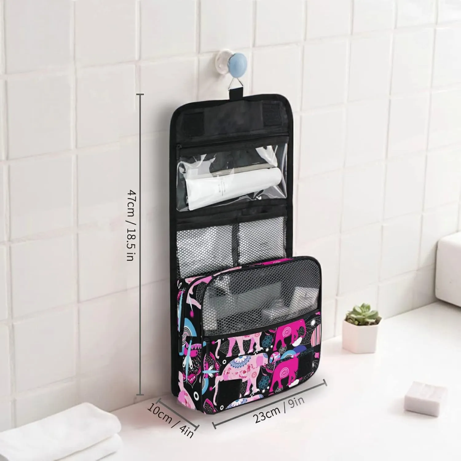 Seamless Bright Pink Elephants Tribal Ethnic Theme on Black Hanging Wash Gargle Toiletry Bag Travel Cosmetic Makeup Case Organizer Storage Large Portable