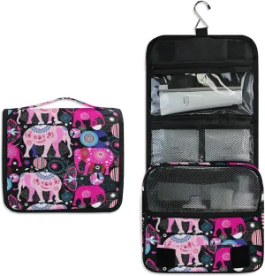 Seamless Bright Pink Elephants Tribal Ethnic Theme on Black Hanging Wash Gargle Toiletry Bag Travel Cosmetic Makeup Case Organizer Storage Large Portable