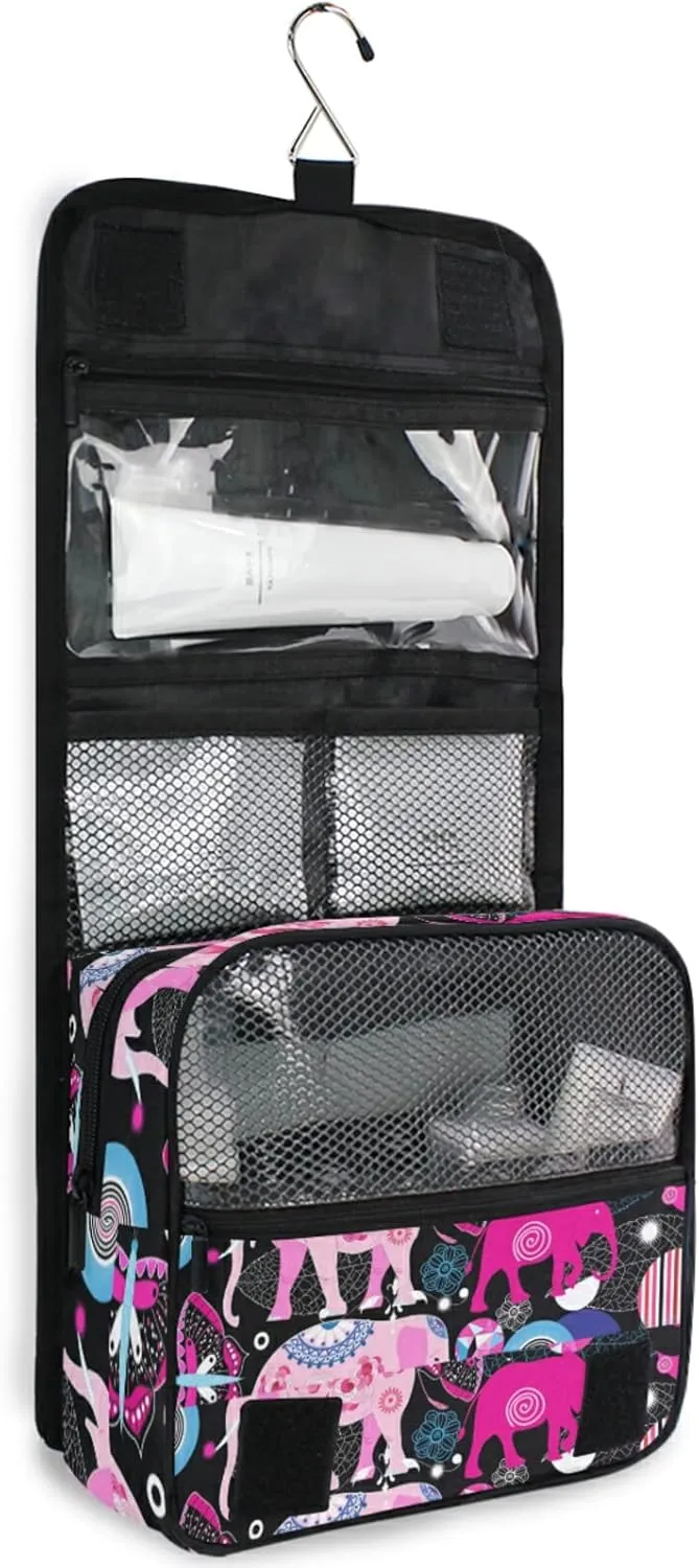 Seamless Bright Pink Elephants Tribal Ethnic Theme on Black Hanging Wash Gargle Toiletry Bag Travel Cosmetic Makeup Case Organizer Storage Large Portable