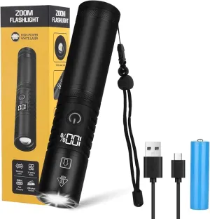 Semlos LED Flashlight 1500 Lumens with Display Screen, Zoomable and Tactical Flashlight for Outdoor Activities, Powerful Emergency Flashlights Rechargeable for Camping, Hiking