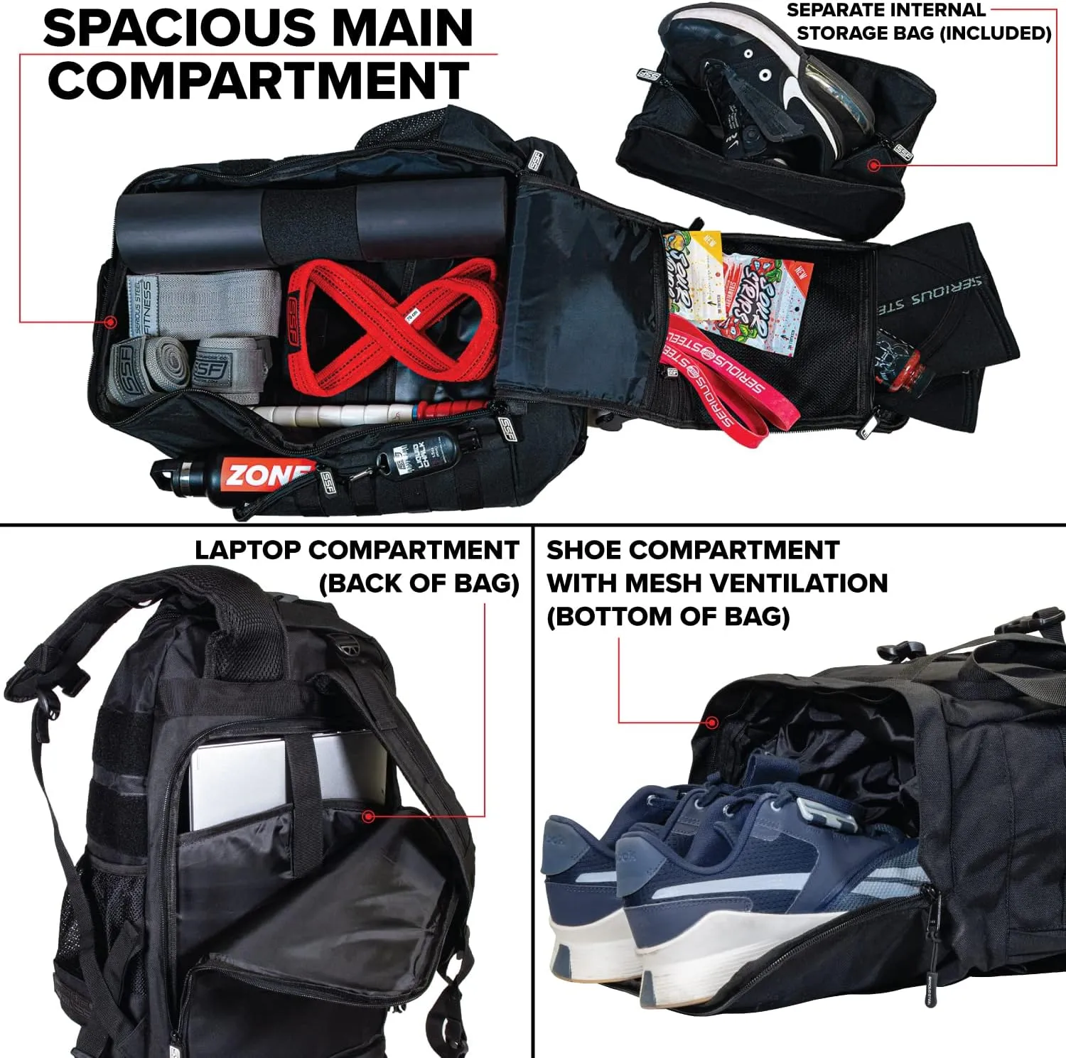 SERIOUS STEEL FITNESS Tactical Backpack and Gym Bag 1000D Nylon Black