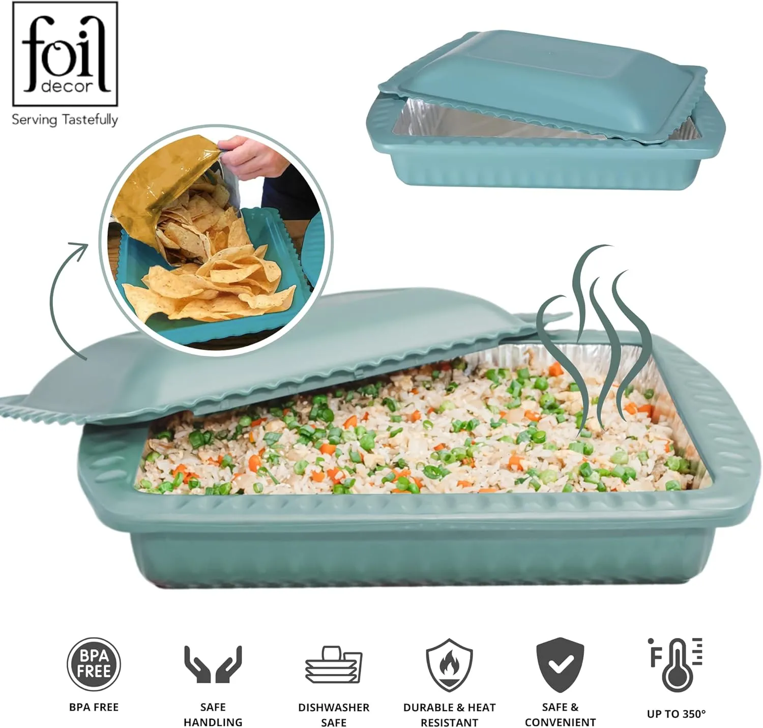 Serving and Casserole Carrier for 9x13x2 Foil Pans, Heat Resistant w/Handles, Lid Locks in Place for Safe and Easy Carrying, Lid Doubles as a Serving Dish, 1 Foil Pan included, BPA Free, Made in USA - Aqua