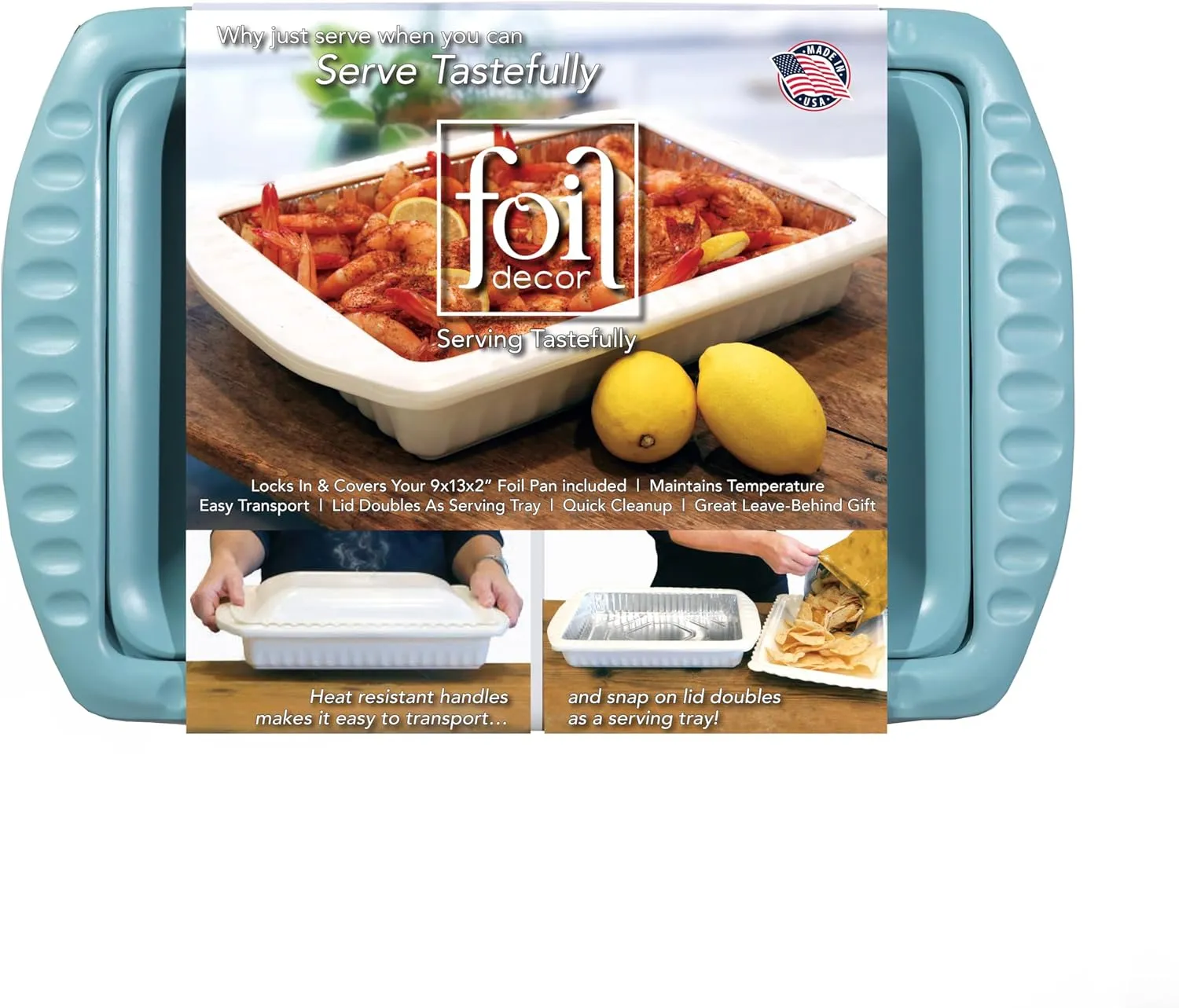 Serving and Casserole Carrier for 9x13x2 Foil Pans, Heat Resistant w/Handles, Lid Locks in Place for Safe and Easy Carrying, Lid Doubles as a Serving Dish, 1 Foil Pan included, BPA Free, Made in USA - Aqua