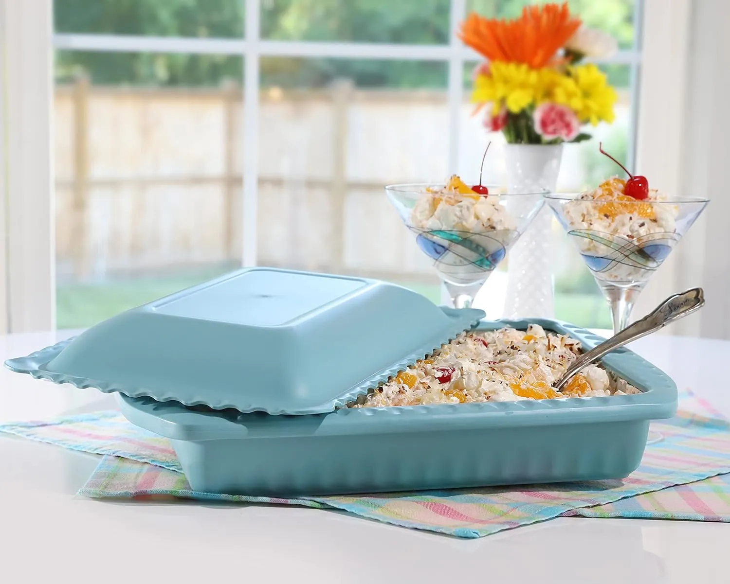 Serving and Casserole Carrier for 9x13x2 Foil Pans, Heat Resistant w/Handles, Lid Locks in Place for Safe and Easy Carrying, Lid Doubles as a Serving Dish, 1 Foil Pan included, BPA Free, Made in USA - Aqua