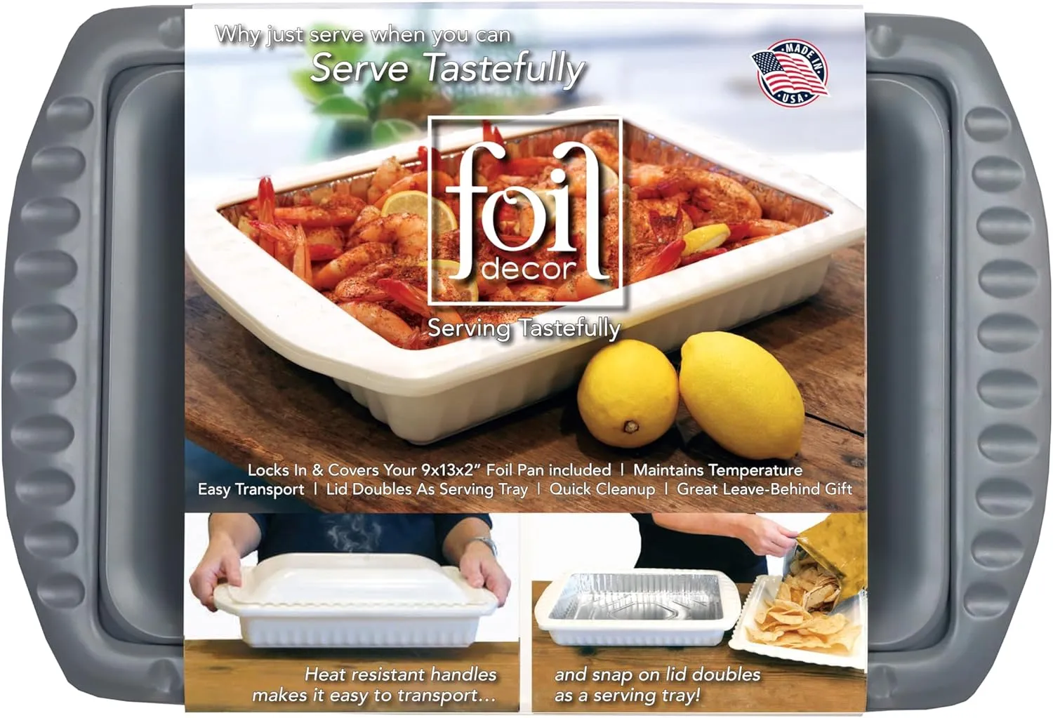 Serving and Casserole Carrier for 9x13x2 Foil Pans, Heat Resistant w/Handles, Lid Locks in Place for Safe and Easy Carrying, Lid Doubles as a Serving Dish, 1 Foil Pan included, BPA Free - Made in USA -Charcoal