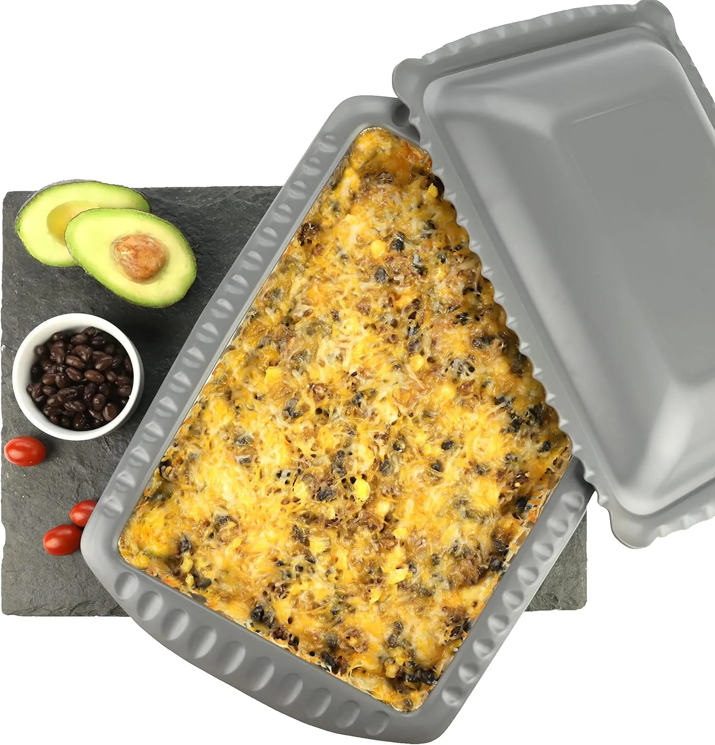 Serving and Casserole Carrier for 9x13x2 Foil Pans, Heat Resistant w/Handles, Lid Locks in Place for Safe and Easy Carrying, Lid Doubles as a Serving Dish, 1 Foil Pan included, BPA Free - Made in USA -Charcoal