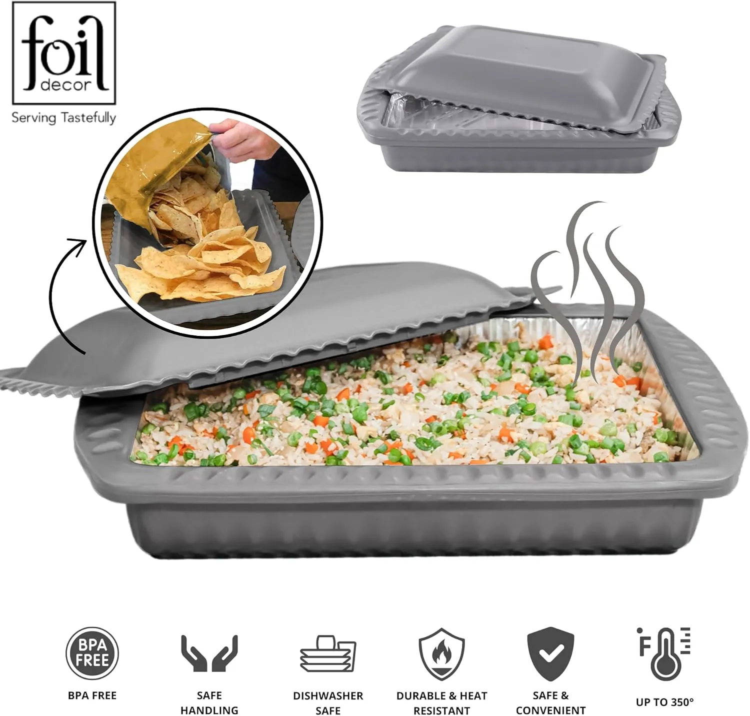 Serving and Casserole Carrier for 9x13x2 Foil Pans, Heat Resistant w/Handles, Lid Locks in Place for Safe and Easy Carrying, Lid Doubles as a Serving Dish, 1 Foil Pan included, BPA Free - Made in USA -Charcoal