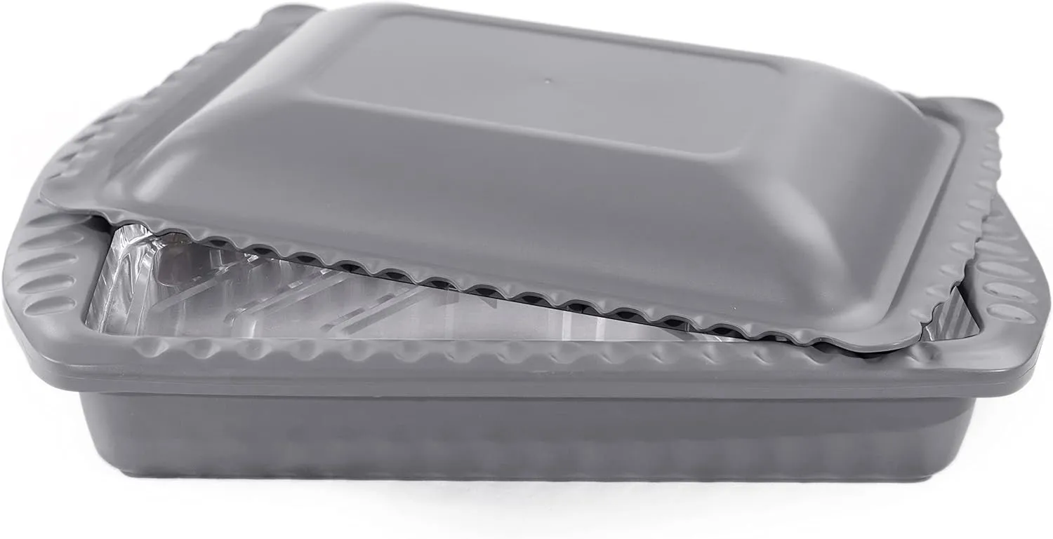 Serving and Casserole Carrier for 9x13x2 Foil Pans, Heat Resistant w/Handles, Lid Locks in Place for Safe and Easy Carrying, Lid Doubles as a Serving Dish, 1 Foil Pan included, BPA Free - Made in USA -Charcoal
