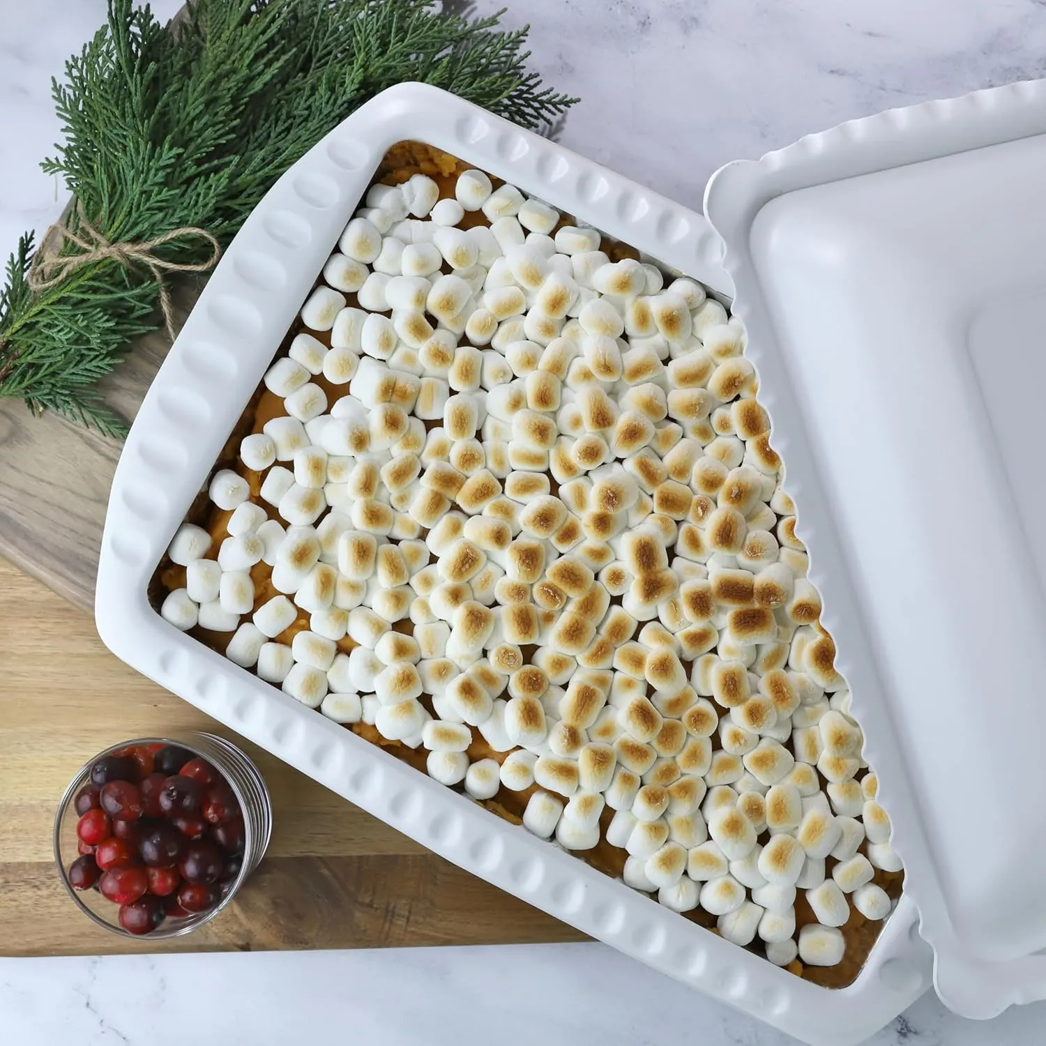 Serving and Casserole Carrier for 9x13x2 Foil Pans, Heat Resistant w/Handles, Lid Locks in Place for Safe and Easy Carrying, Lid Doubles as a Serving Dish, 1 Foil Pan included, BPA Free Made in USA - White