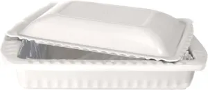Serving and Casserole Carrier for 9x13x2 Foil Pans, Heat Resistant w/Handles, Lid Locks in Place for Safe and Easy Carrying, Lid Doubles as a Serving Dish, 1 Foil Pan included, BPA Free Made in USA - White