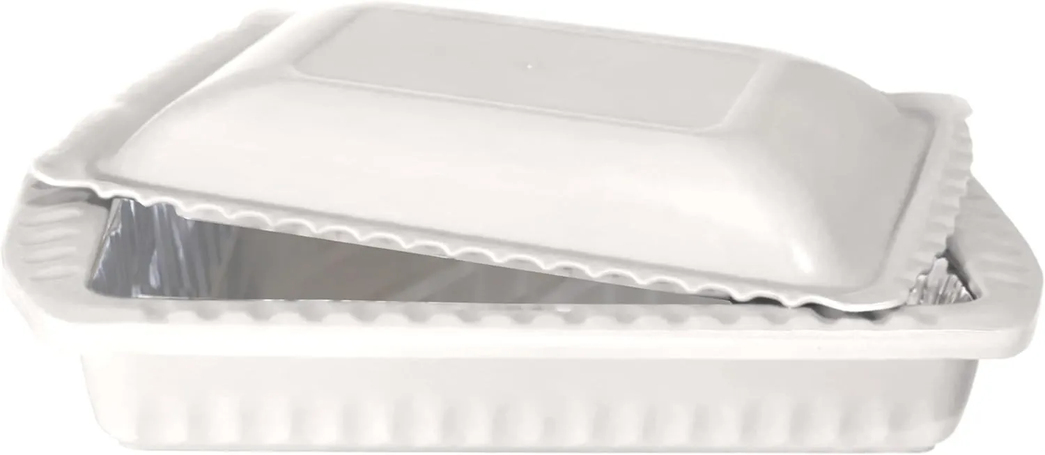 Serving and Casserole Carrier for 9x13x2 Foil Pans, Heat Resistant w/Handles, Lid Locks in Place for Safe and Easy Carrying, Lid Doubles as a Serving Dish, 1 Foil Pan included, BPA Free Made in USA - White