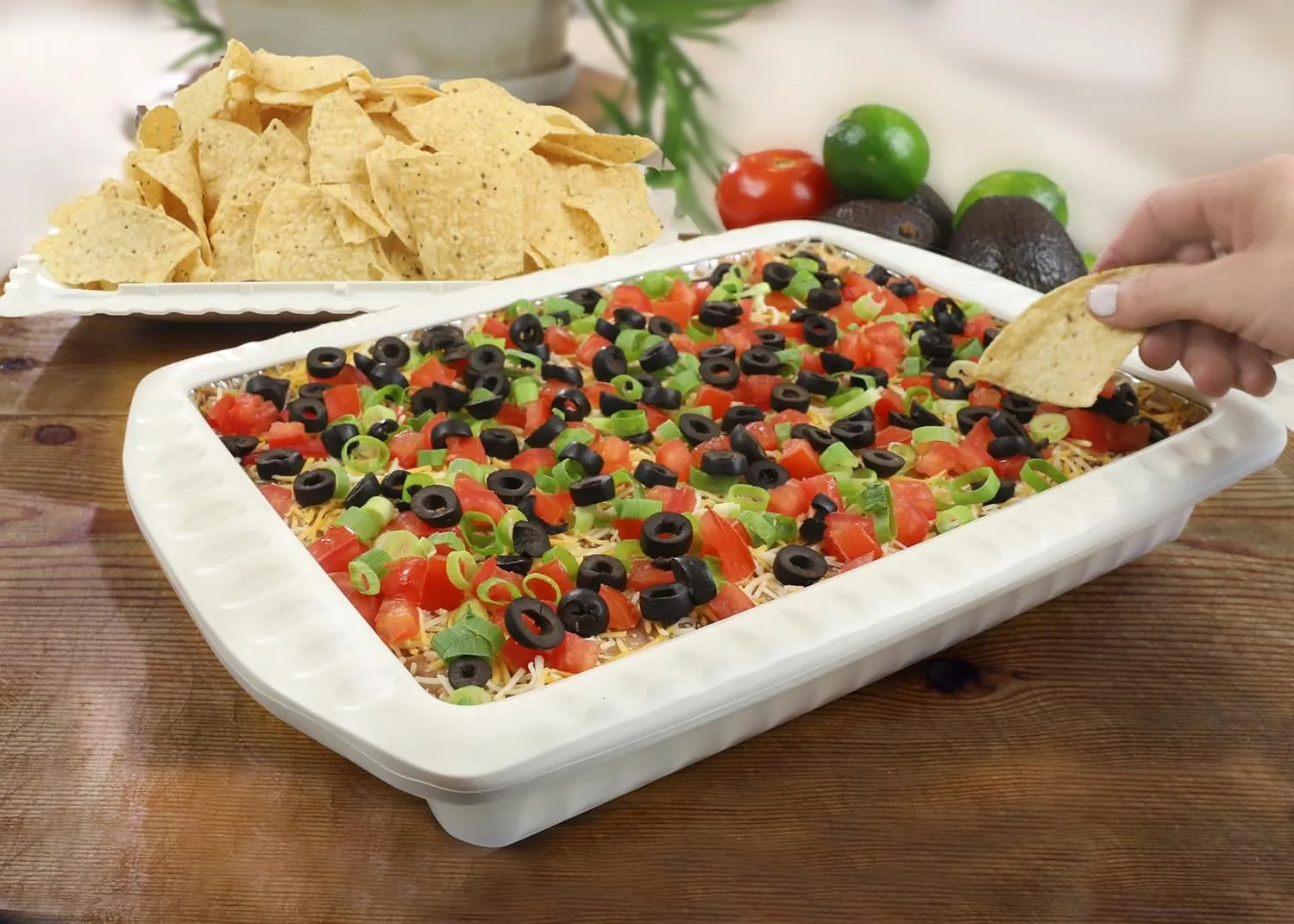 Serving and Casserole Carrier for 9x13x2 Foil Pans, Heat Resistant w/Handles, Lid Locks in Place for Safe and Easy Carrying, Lid Doubles as a Serving Dish, 1 Foil Pan included, BPA Free Made in USA - White