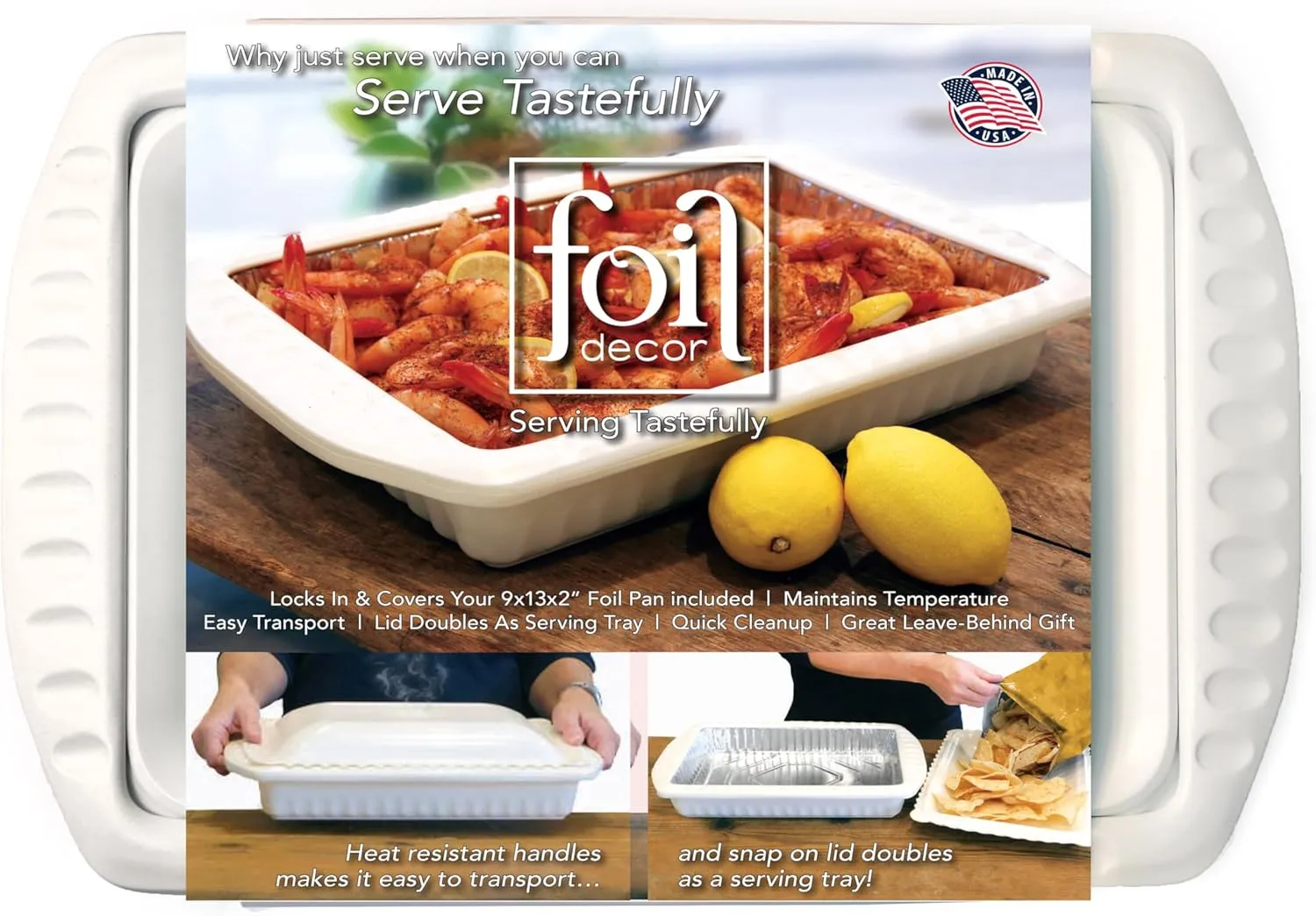 Serving and Casserole Carrier for 9x13x2 Foil Pans, Heat Resistant w/Handles, Lid Locks in Place for Safe and Easy Carrying, Lid Doubles as a Serving Dish, 1 Foil Pan included, BPA Free Made in USA - White