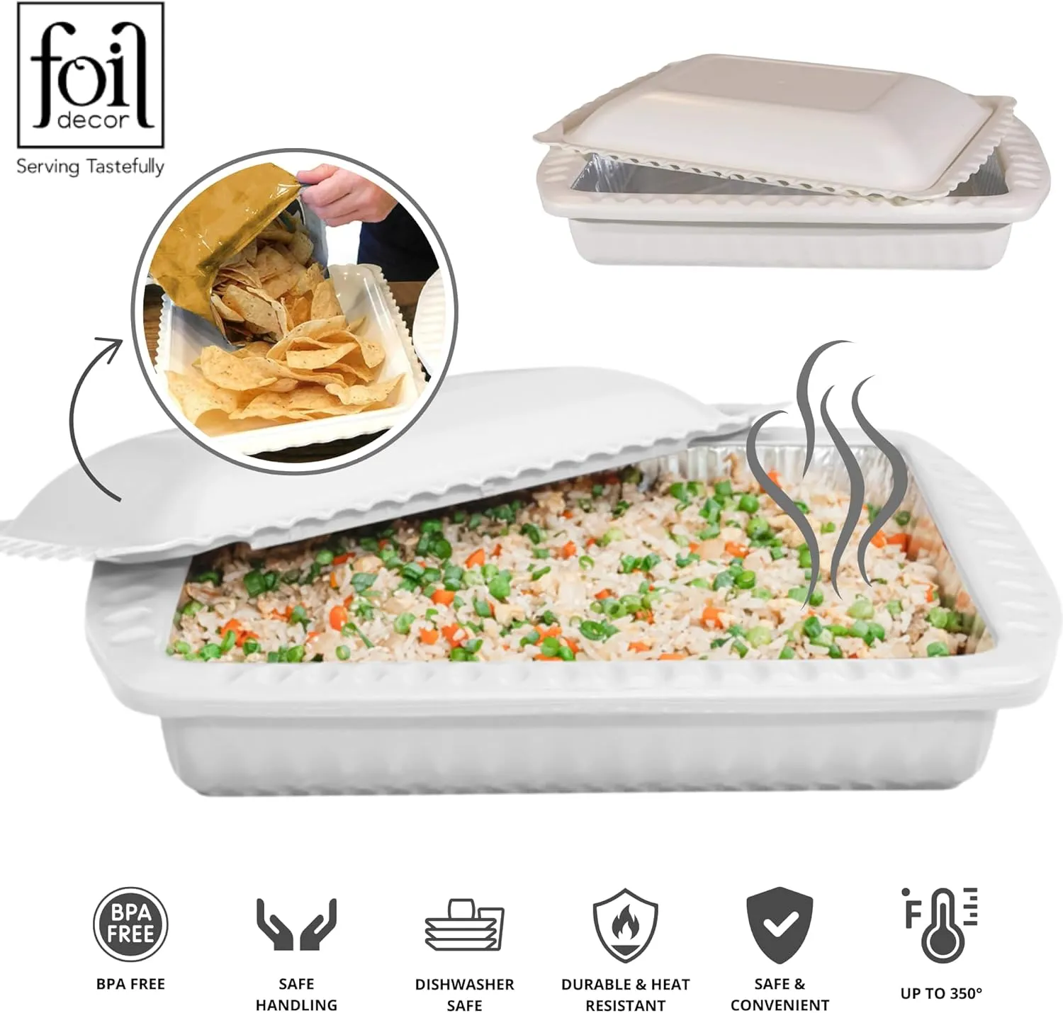 Serving and Casserole Carrier for 9x13x2 Foil Pans, Heat Resistant w/Handles, Lid Locks in Place for Safe and Easy Carrying, Lid Doubles as a Serving Dish, 1 Foil Pan included, BPA Free Made in USA - White