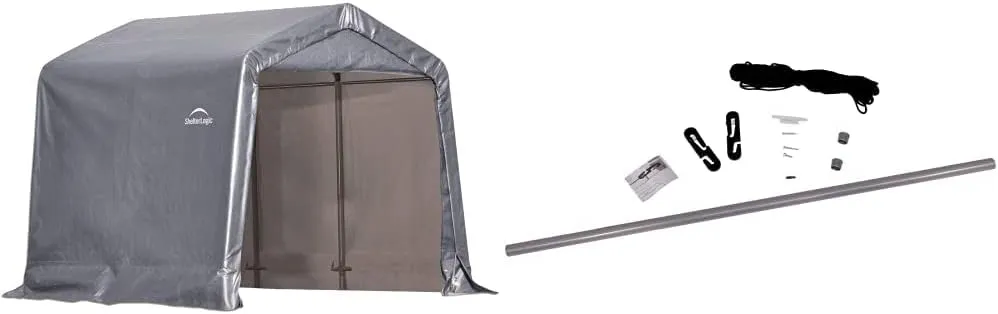 ShelterLogic 8' x 8' Shed-in-a-Box All Season Steel Metal Frame Peak Roof Outdoor Storage Shed with Waterproof Cover and Heavy Duty Reusable Auger Anchors, Grey | Pull-Eaze Roll-Up Door Kit