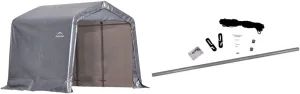 ShelterLogic 8' x 8' Shed-in-a-Box All Season Steel Metal Frame Peak Roof Outdoor Storage Shed with Waterproof Cover and Heavy Duty Reusable Auger Anchors, Grey | Pull-Eaze Roll-Up Door Kit