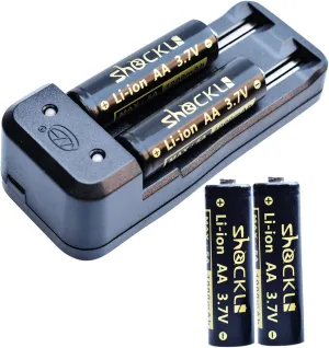 Shockli Smart USB Charger with CR-AA, AA 3.7V Rechargeable Batteries (4- Pack) - Button top for Flashlight Lumintop Tool AA 2.0, NICRON N7, ThruNite Archer