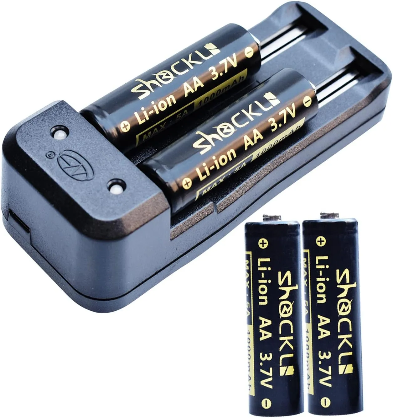 Shockli Smart USB Charger with CR-AA, AA 3.7V Rechargeable Batteries (4- Pack) - Button top for Flashlight Lumintop Tool AA 2.0, NICRON N7, ThruNite Archer
