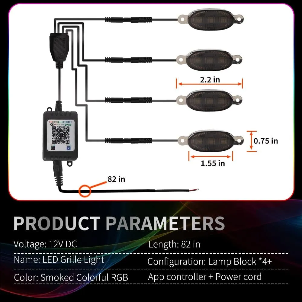 Sidaqi Universal 4 in 1 LED Grille Lights with APP Control, DIY RGB Atmosphere Light Kit Replacement for Tacoma TRD 2016-2019 Front Grille/DRL for Car Pickup Truck SUV DC12V Decorative