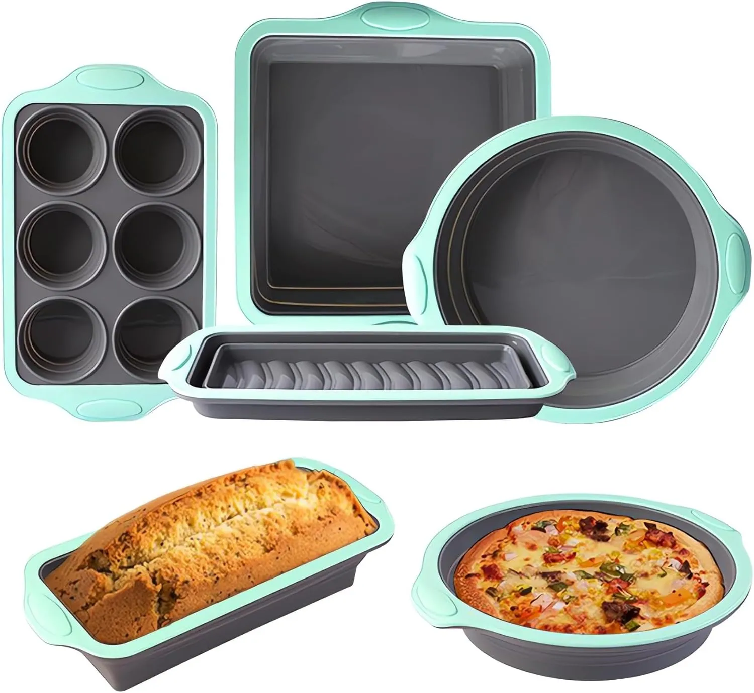 Silicone Baking Pan Set - 4PCS Stackable Non-Stick Bakeware Set with Grips & Metal Reinforced Frame: Round Cake Pan, Square Baking Pan, Bread Loaf Pan, & Muffin Molds