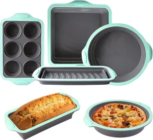 Silicone Baking Pan Set - 4PCS Stackable Non-Stick Bakeware Set with Grips & Metal Reinforced Frame: Round Cake Pan, Square Baking Pan, Bread Loaf Pan, & Muffin Molds