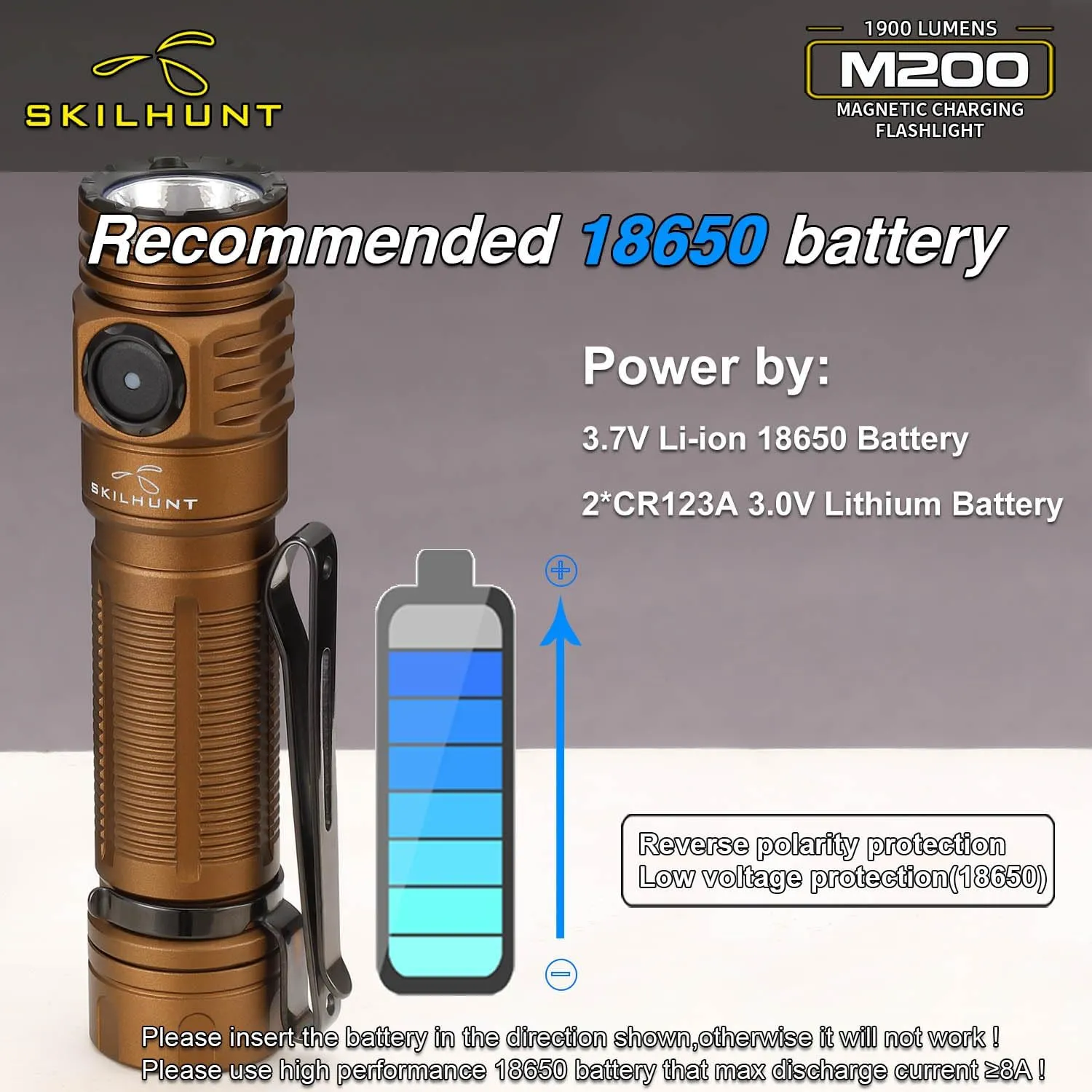 SKILHUNT M200 Bright Magnetic USB Rechargeable LED Flashlight for EDC, Outdoor, Rescue, Searching, Hiking and Emergency (Coyote Brown, SFT25R Cool White)