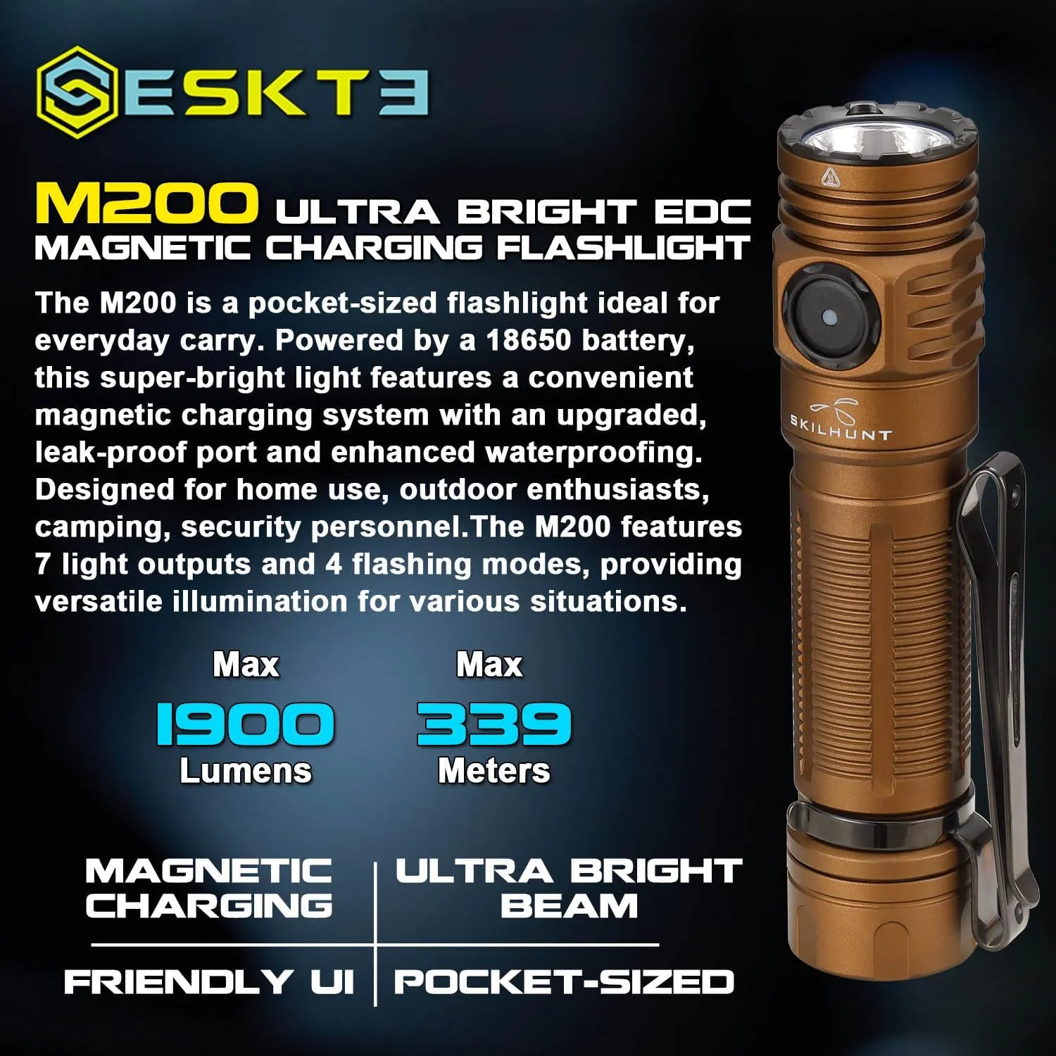 SKILHUNT M200 Bright Magnetic USB Rechargeable LED Flashlight for EDC, Outdoor, Rescue, Searching, Hiking and Emergency (Coyote Brown, SFT25R Cool White)
