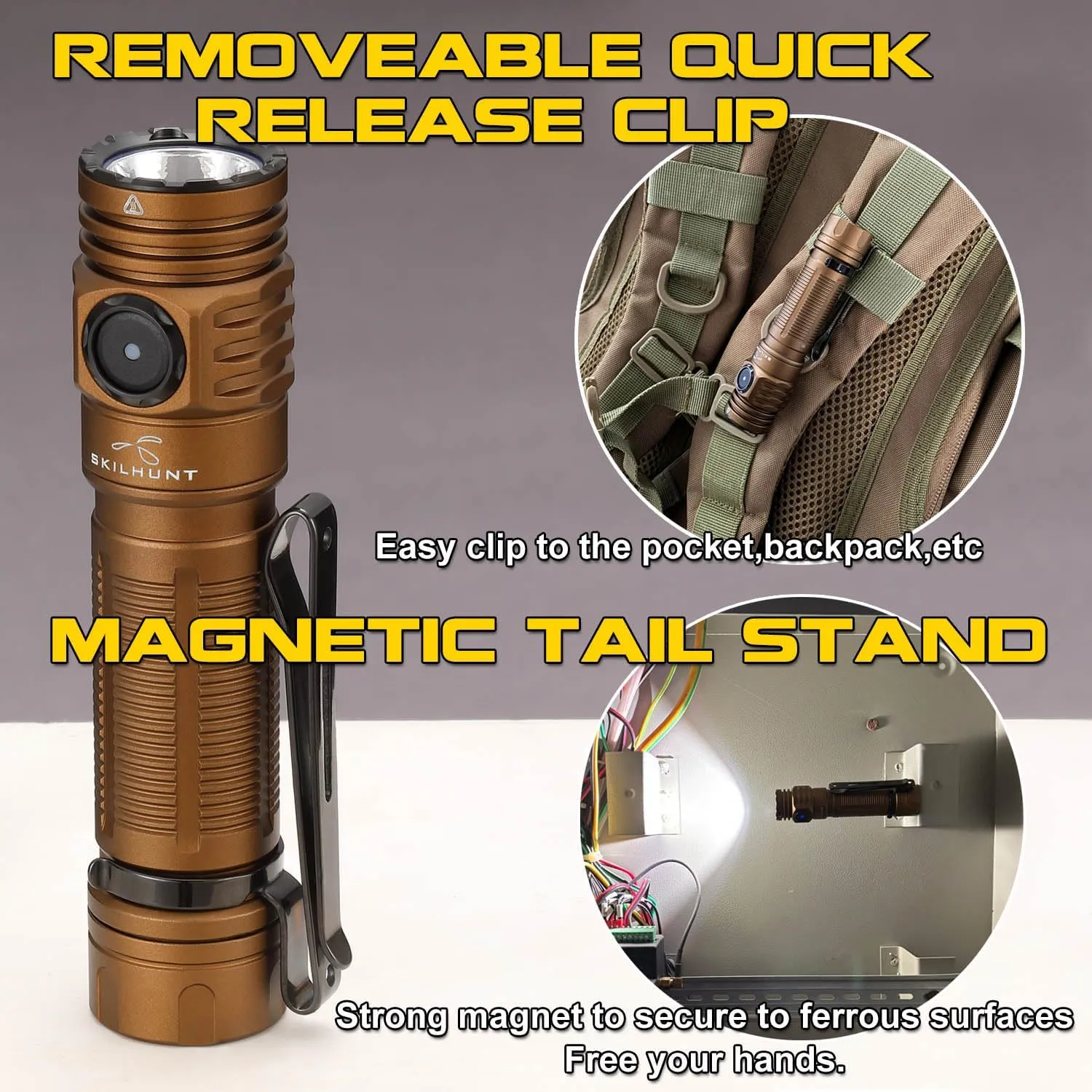 SKILHUNT M200 Bright Magnetic USB Rechargeable LED Flashlight for EDC, Outdoor, Rescue, Searching, Hiking and Emergency (Coyote Brown, SFT25R Cool White)