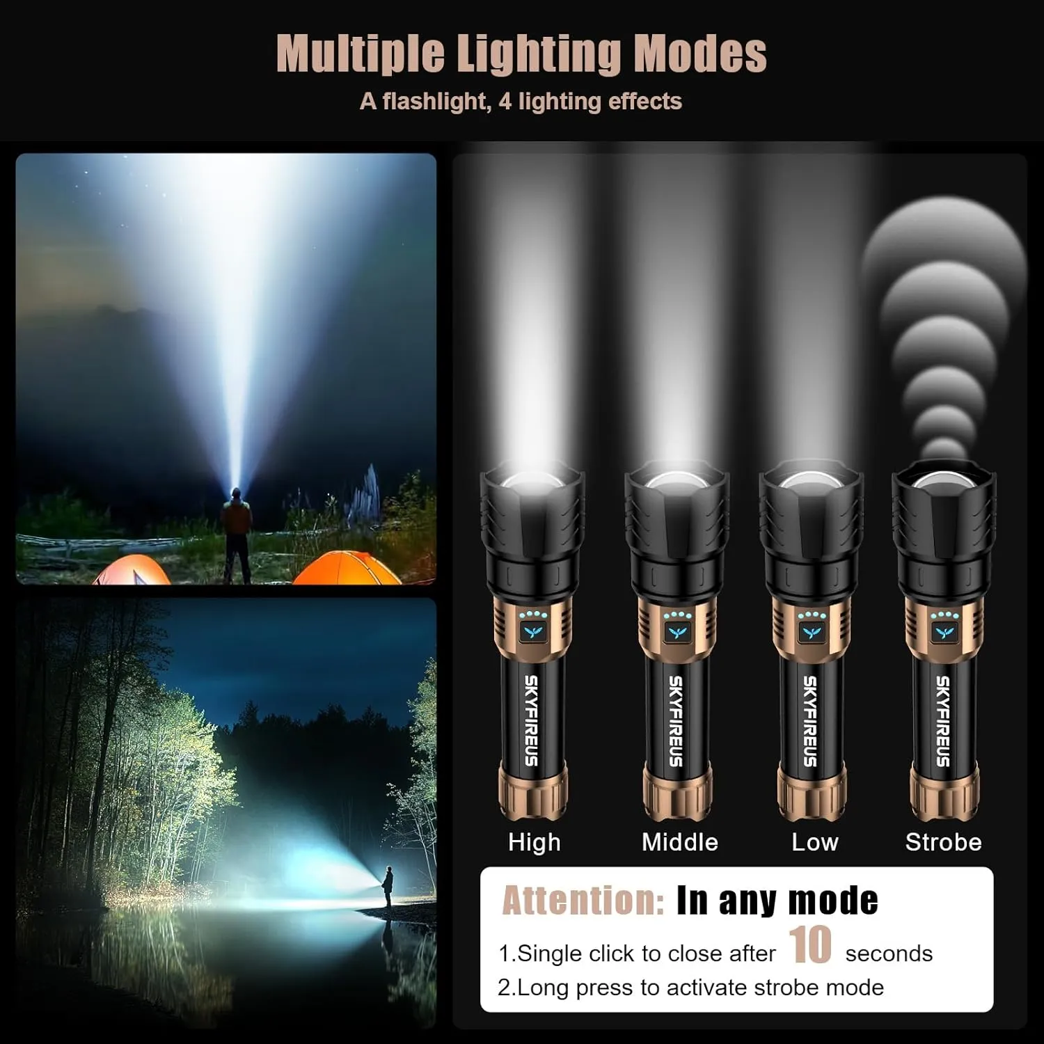 SKYFIRE LED Flashlight High Lumens,15000.00 Super Bright Rechargeable Flashlight,Zoomable,Four Modes,Powerbank Waterproof Tactical Flash Light for Camping Essentials,Outdoor & Home Emergencies-No Lens