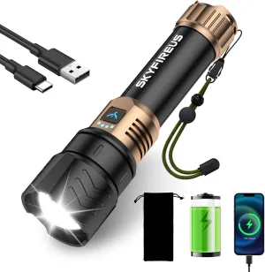 SKYFIRE LED Flashlight High Lumens,15000.00 Super Bright Rechargeable Flashlight,Zoomable,Four Modes,Powerbank Waterproof Tactical Flash Light for Camping Essentials,Outdoor & Home Emergencies-No Lens