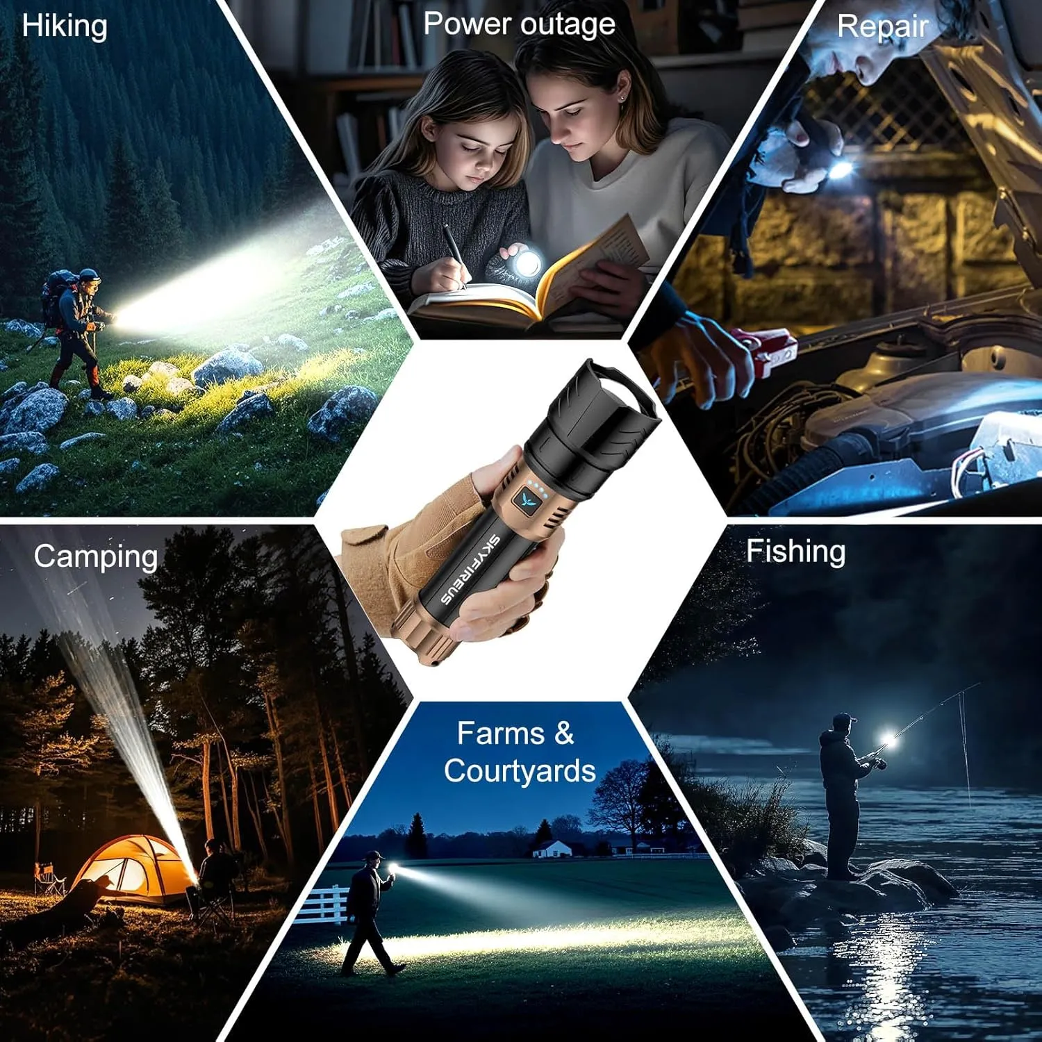 SKYFIRE LED Flashlight High Lumens,15000.00 Super Bright Rechargeable Flashlight,Zoomable,Four Modes,Powerbank Waterproof Tactical Flash Light for Camping Essentials,Outdoor & Home Emergencies-No Lens