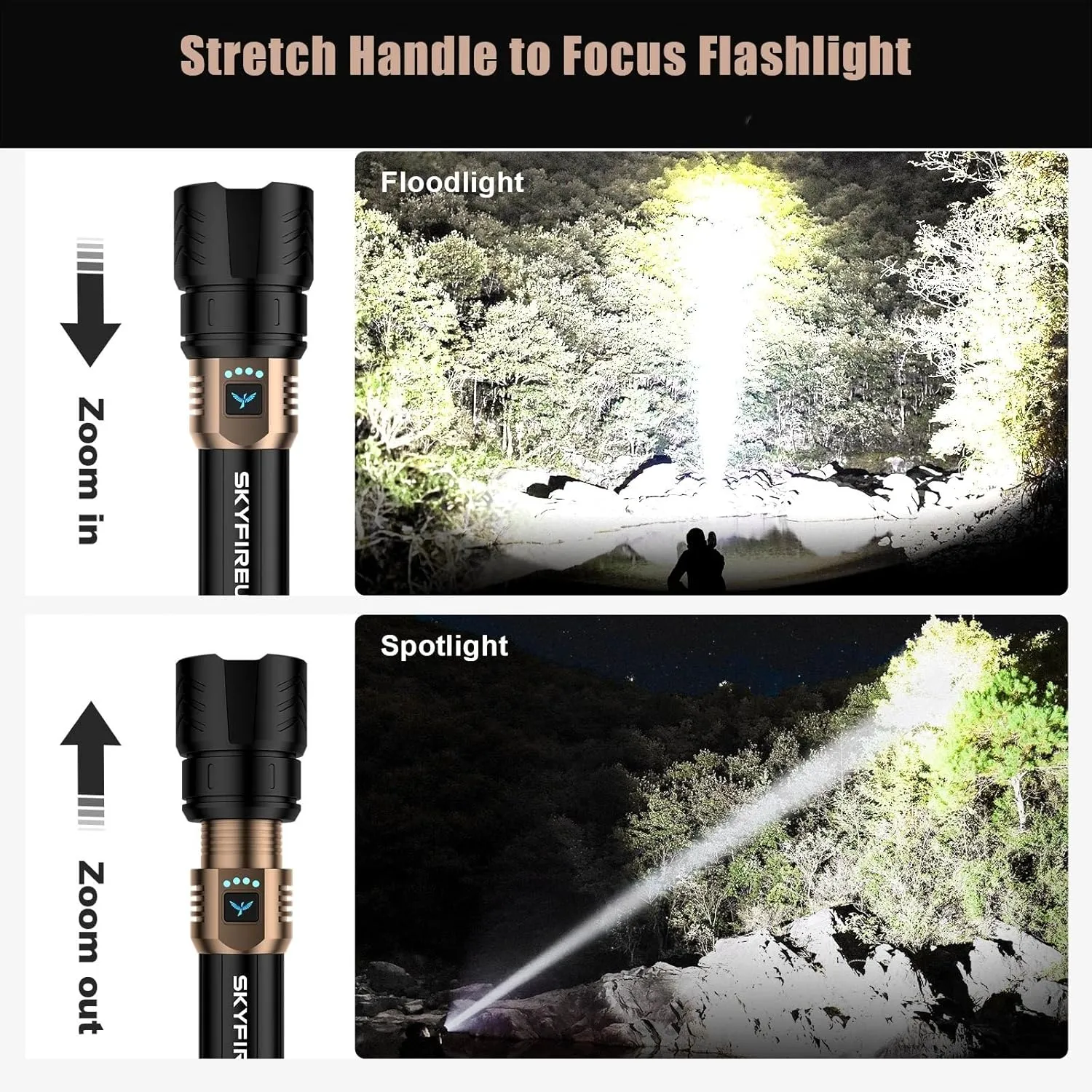SKYFIRE LED Flashlight High Lumens,15000.00 Super Bright Rechargeable Flashlight,Zoomable,Four Modes,Powerbank Waterproof Tactical Flash Light for Camping Essentials,Outdoor & Home Emergencies-No Lens