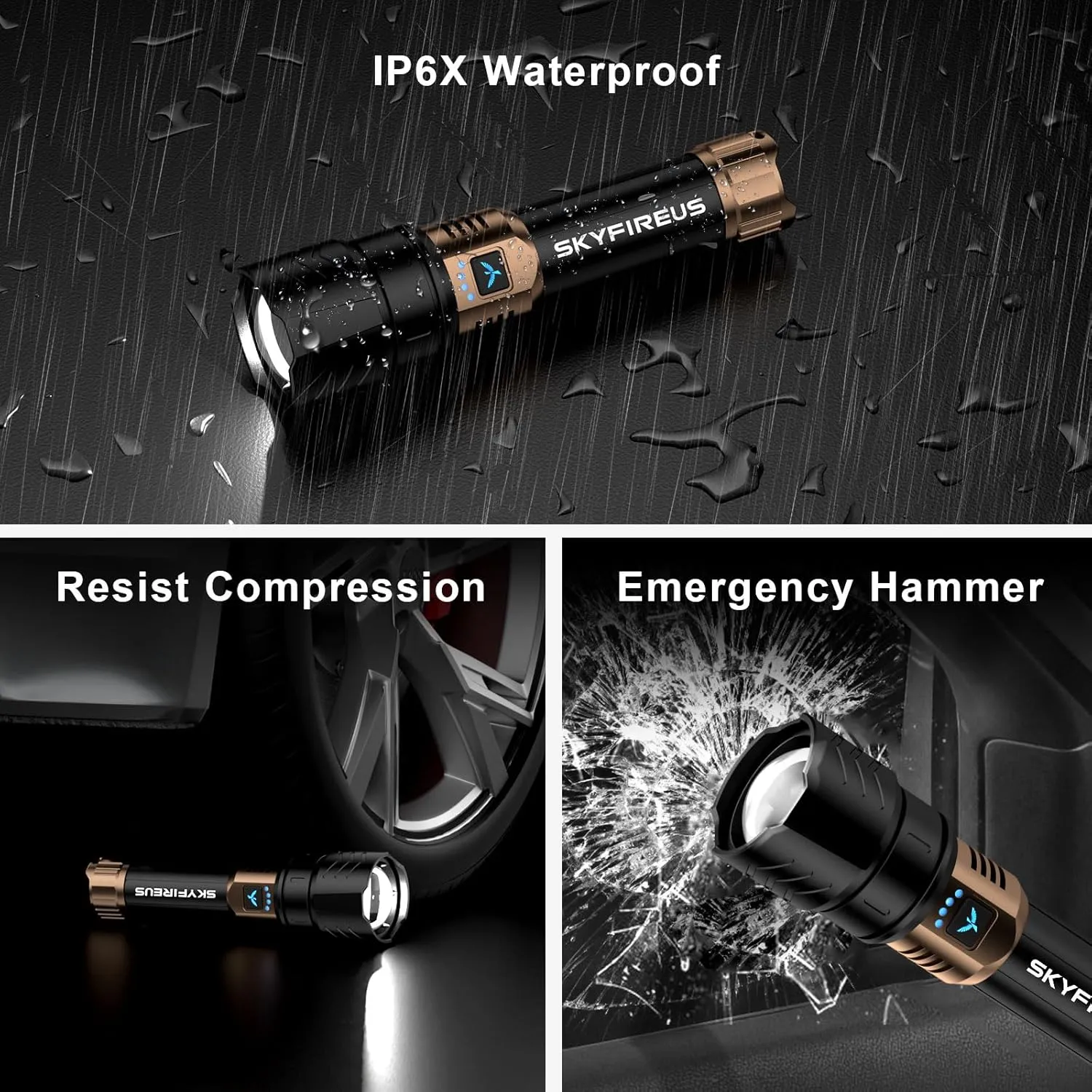 SKYFIRE LED Flashlight High Lumens,15000.00 Super Bright Rechargeable Flashlight,Zoomable,Four Modes,Powerbank Waterproof Tactical Flash Light for Camping Essentials,Outdoor & Home Emergencies-No Lens