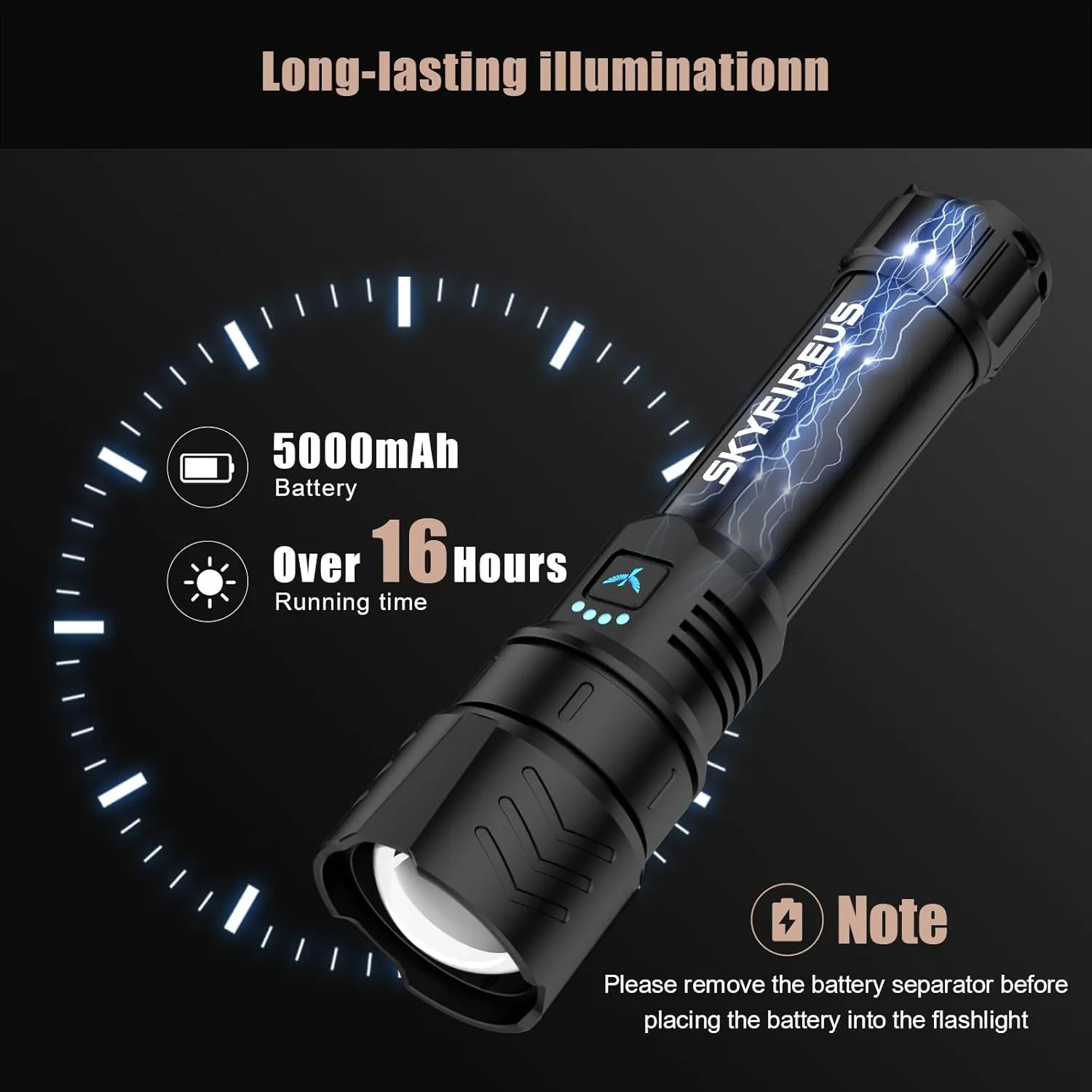SKYFIRE LED Flashlights High Lumens,15000.00lm Super Bright Rechargeable Flashlight with Ignition Lens, Zoomable,Powerbank,Waterproof Flash Light for Camping Essentials,Outdoor and Home(Black)
