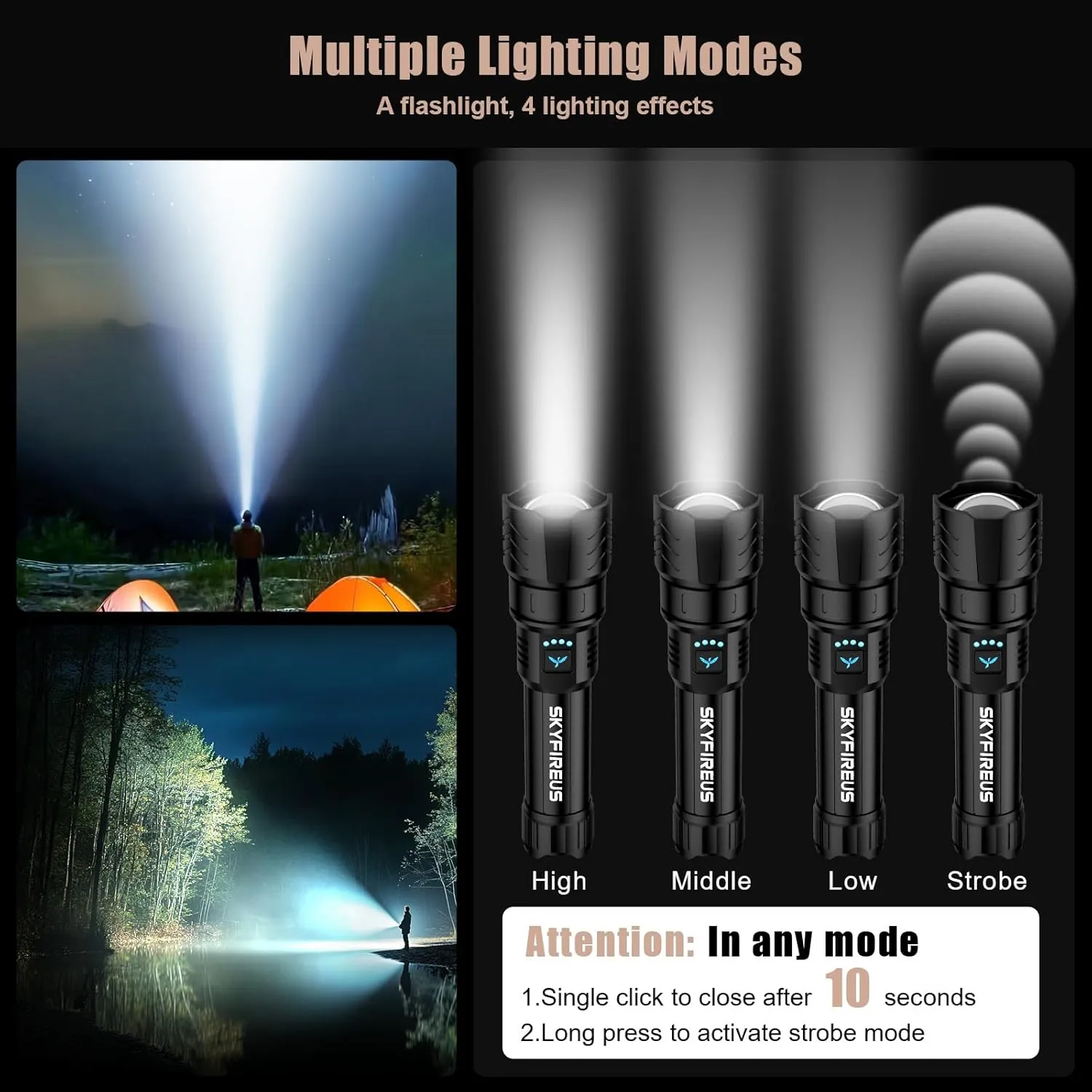 SKYFIRE LED Flashlights High Lumens,15000.00lm Super Bright Rechargeable Flashlight with Ignition Lens, Zoomable,Powerbank,Waterproof Flash Light for Camping Essentials,Outdoor and Home(Black)