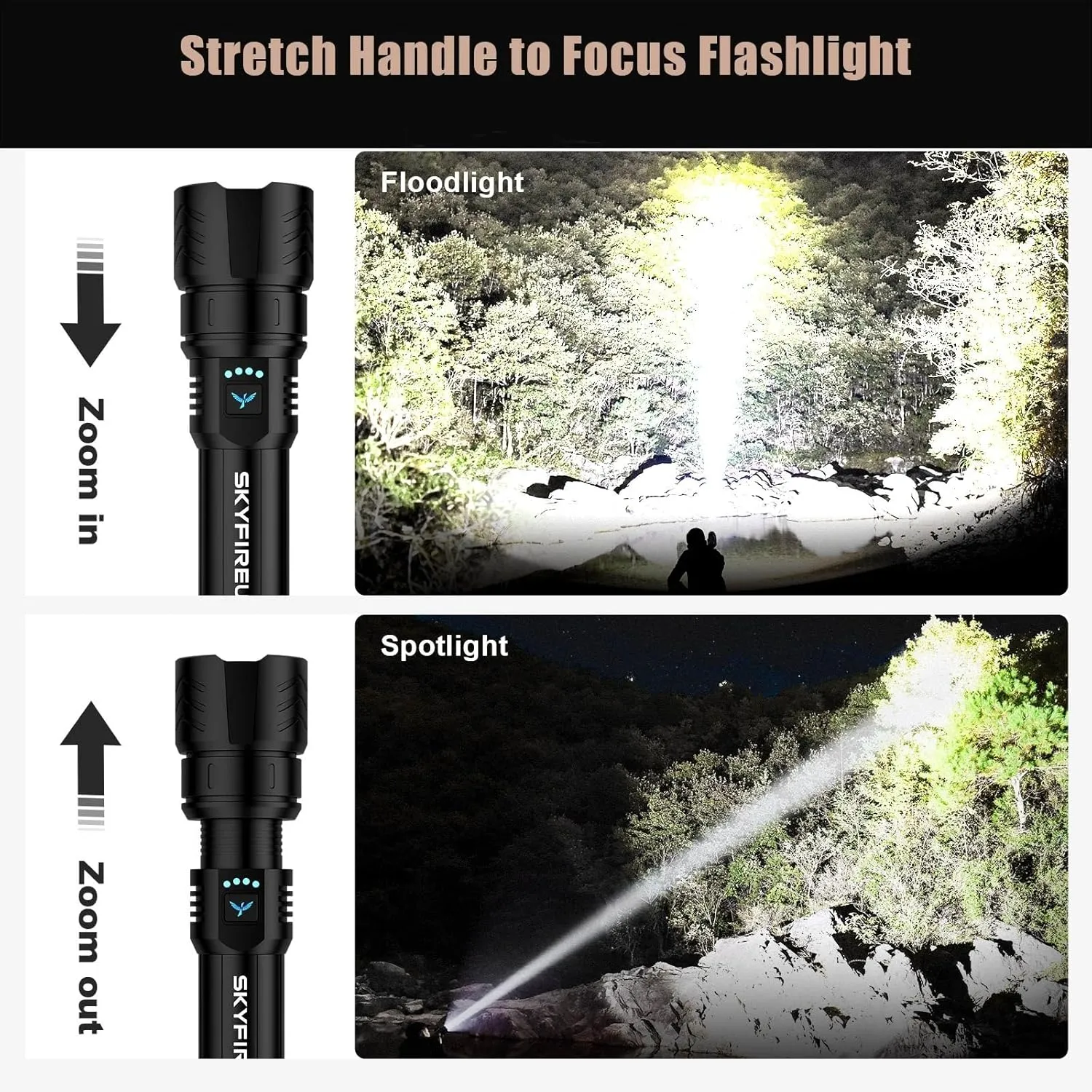 SKYFIRE LED Flashlights High Lumens,15000.00lm Super Bright Rechargeable Flashlight with Ignition Lens, Zoomable,Powerbank,Waterproof Flash Light for Camping Essentials,Outdoor and Home(Black)