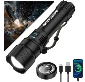 SKYFIRE LED Flashlights High Lumens,15000.00lm Super Bright Rechargeable Flashlight with Ignition Lens, Zoomable,Powerbank,Waterproof Flash Light for Camping Essentials,Outdoor and Home(Black)