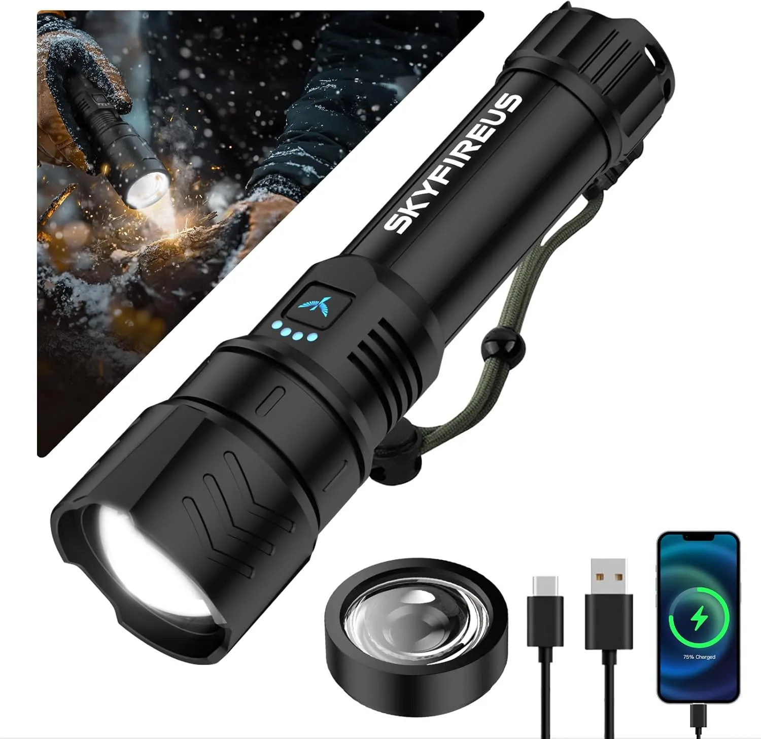 SKYFIRE LED Flashlights High Lumens,15000.00lm Super Bright Rechargeable Flashlight with Ignition Lens, Zoomable,Powerbank,Waterproof Flash Light for Camping Essentials,Outdoor and Home(Black)